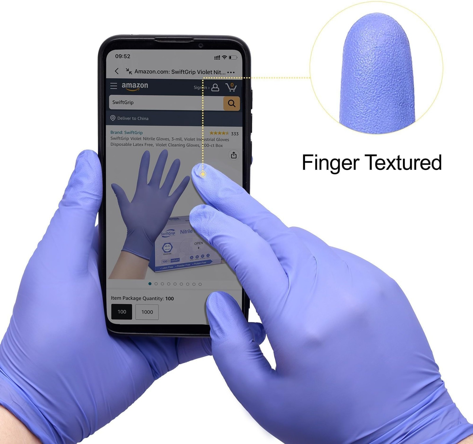 SwiftGrip Disposable Nitrile Exam Gloves, 3mil, Large, Box of 100, Violet Nit…