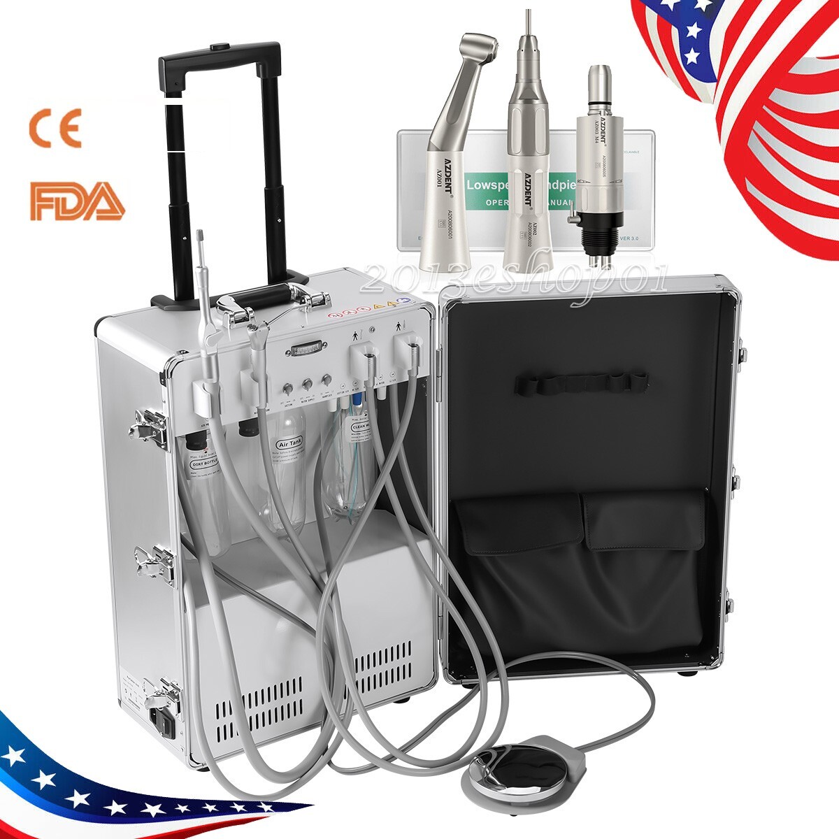 Portable Dental Unit System Built-in Air Compressor Case+Low Speed Handpiece Kit