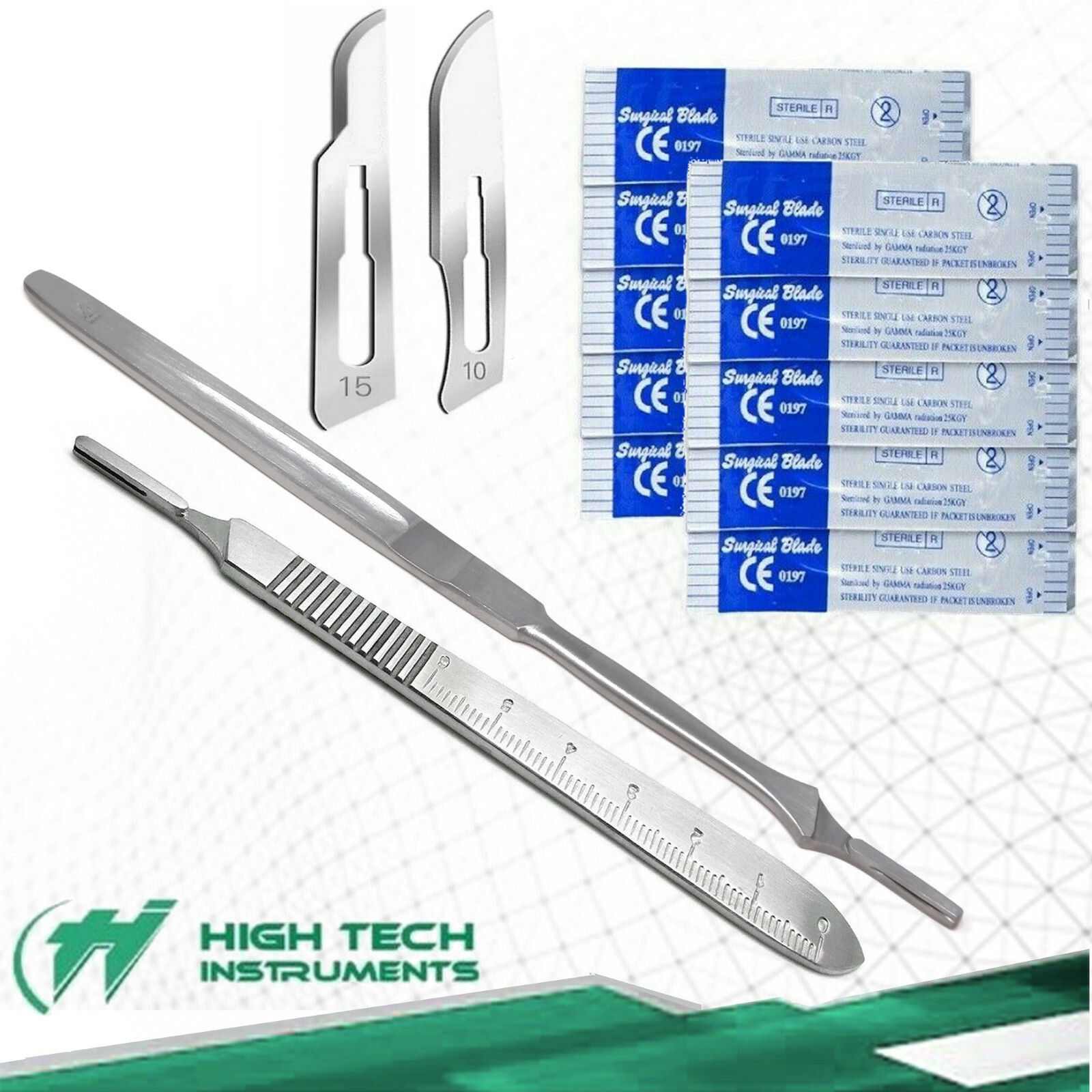2 Scalpel Knife Handles #7 #3 +50 Surgical Sterile Carbon Steel Blades #10 #15