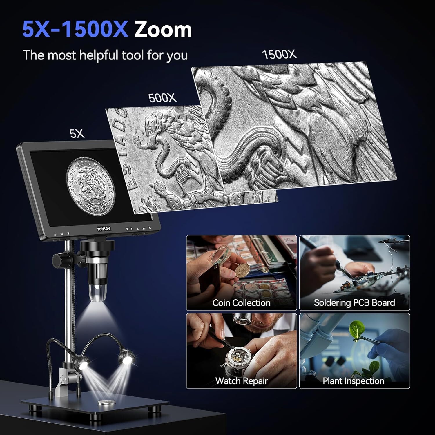 TOMLOV HDMI Digital Microscope 1500X 20MP 10.1″ HD IPS Coin Microscope Magnifier