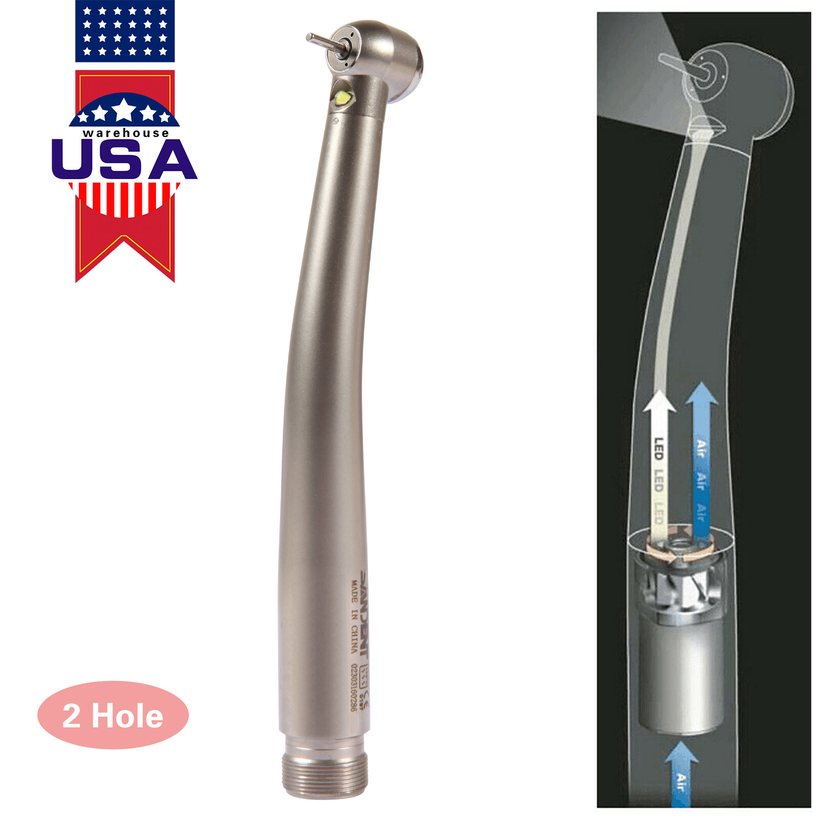 Dental Large Torque Push Button High Speed Fiber Optic LED Handpiece 2 HOLE SAND