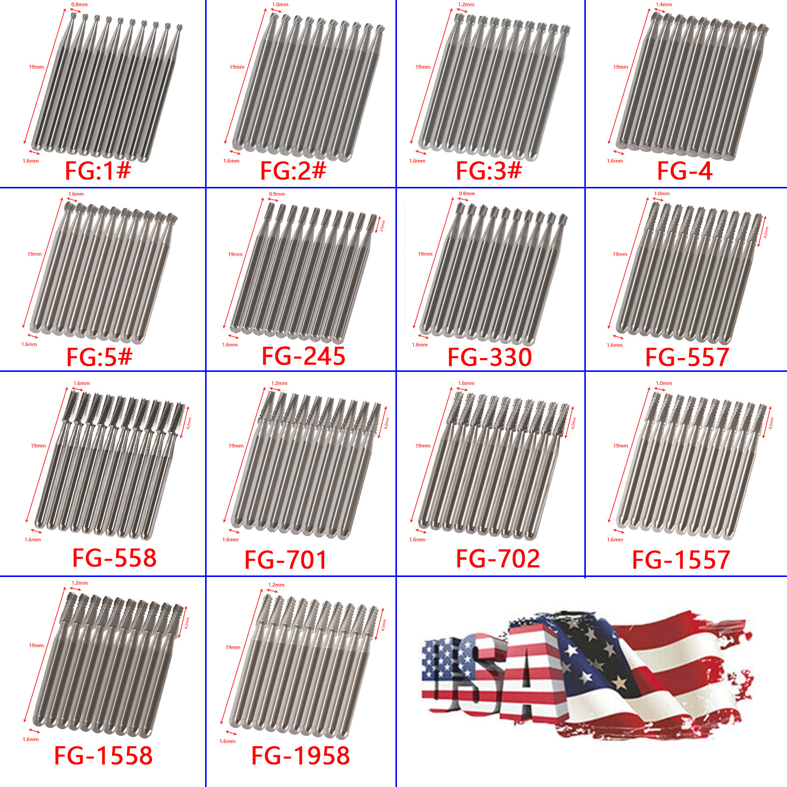 10-100 PCS Dental Clinic Burs Shank Carbide Round Friction Grip FG Bur Drill DL