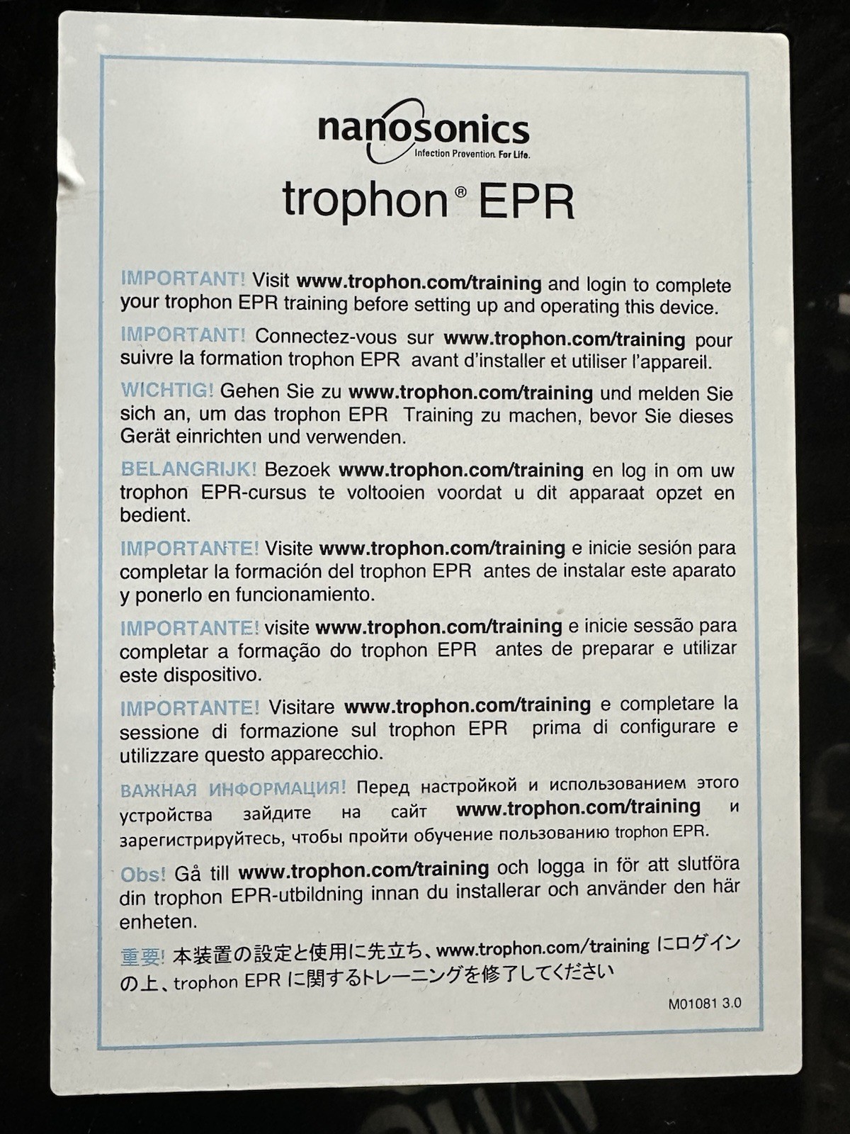 Nanosonics Trophon EPR High Level Disinfection MPN M01081 3.0