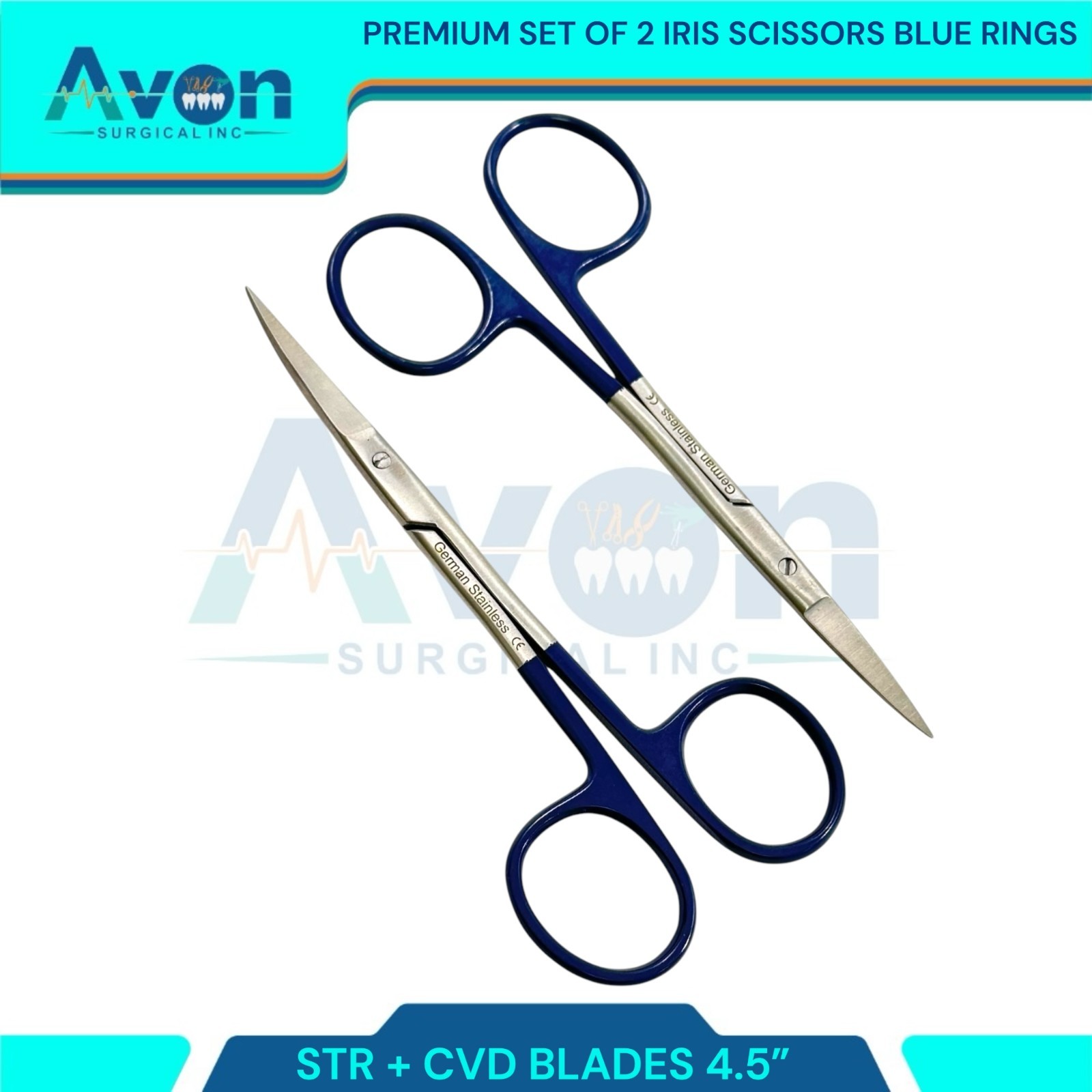2pcs Premium Dissecting Iris Scissors with Sharp Points, Curved+Straight – 4.5in