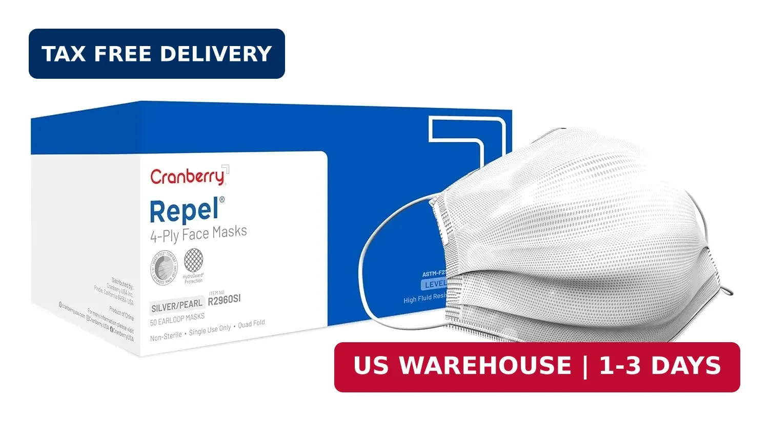 Cranberry USA R2960SIcase Repel 4-Ply Ear Loop Face Mask, ASTM Level 3, Silver (
