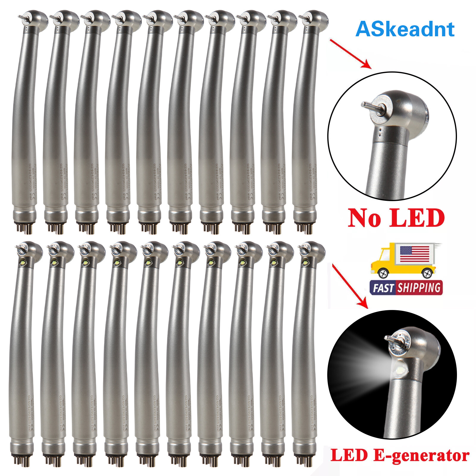 1-10 USA Dental Fiber Optic High Speed Handpiece 2/4H LED E-generator