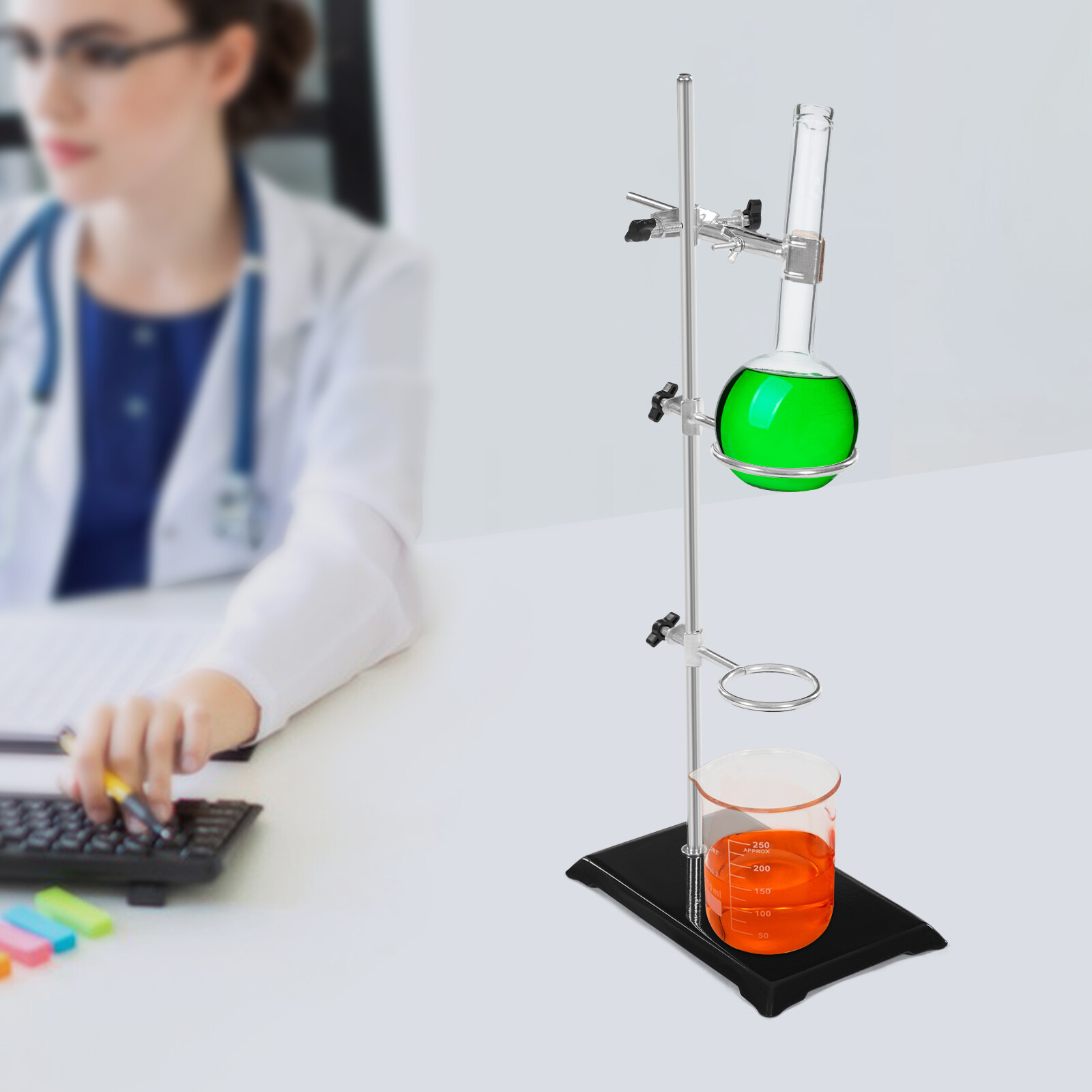 Chemistry Laboratory Stand Set with Support Stand Retort Rings and Flask Clamp