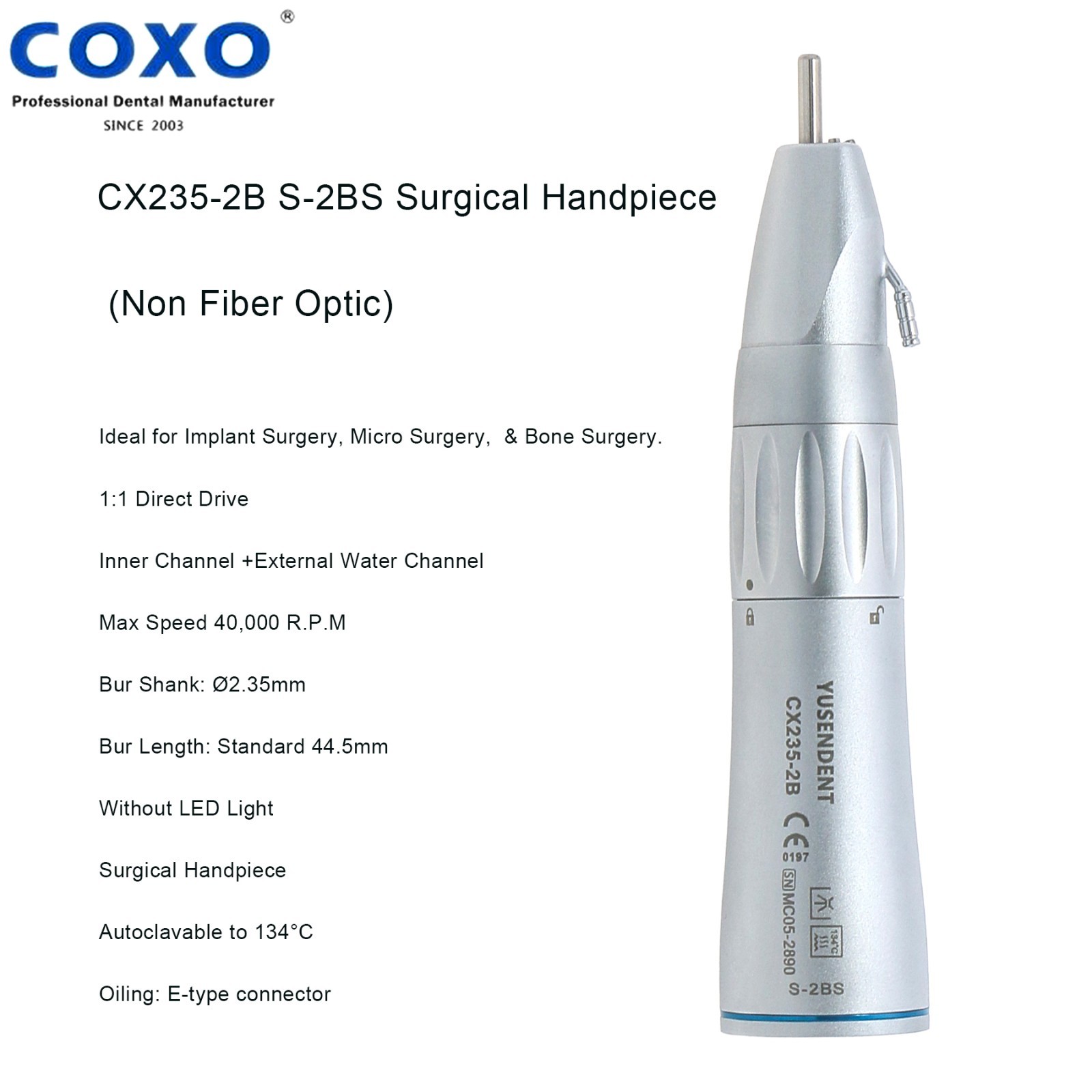 COXO Dental Surgical Inner Channel/External 1:1 Straight Handpiece Fiber Optic