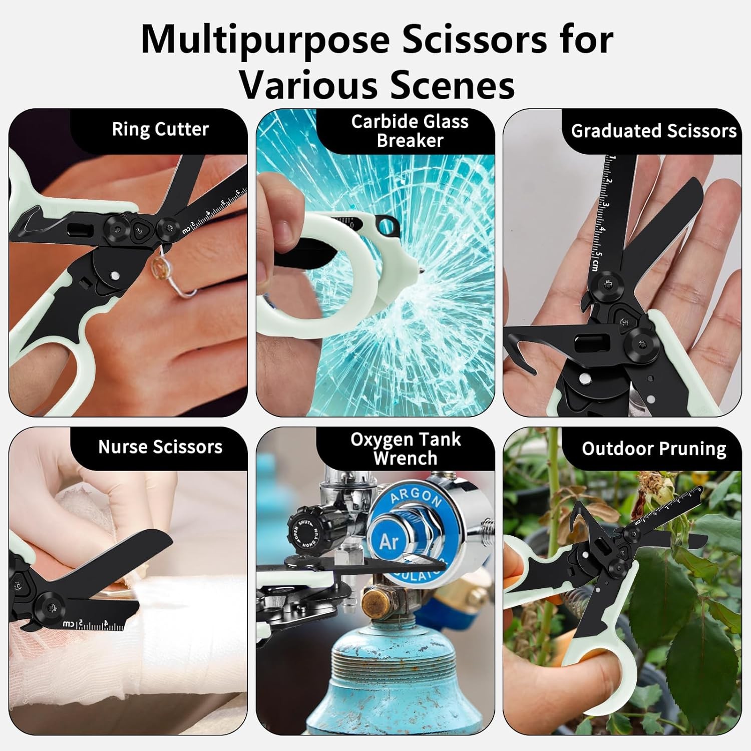 6 in 1 Multi-function Trauma Shears with Strap Cutter and Luminous Black