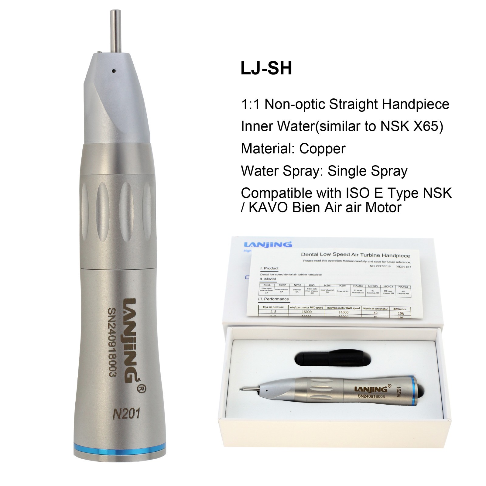 Dental Low Speed Straight Handpiece 1:1 Fiber Optic LED Internal Spray NSK X65L