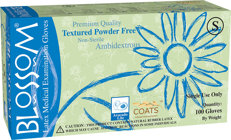 Blossom Latex Powder Free Textured Exam Gloves with C.O.A.T.S., Sizes M-L