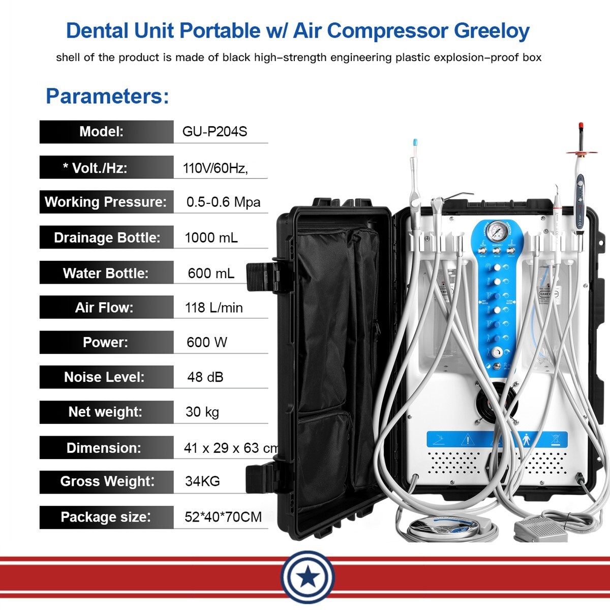 Portable Dental Delivery Unit Cart Air Compressor Adjustable &Powerful Suction