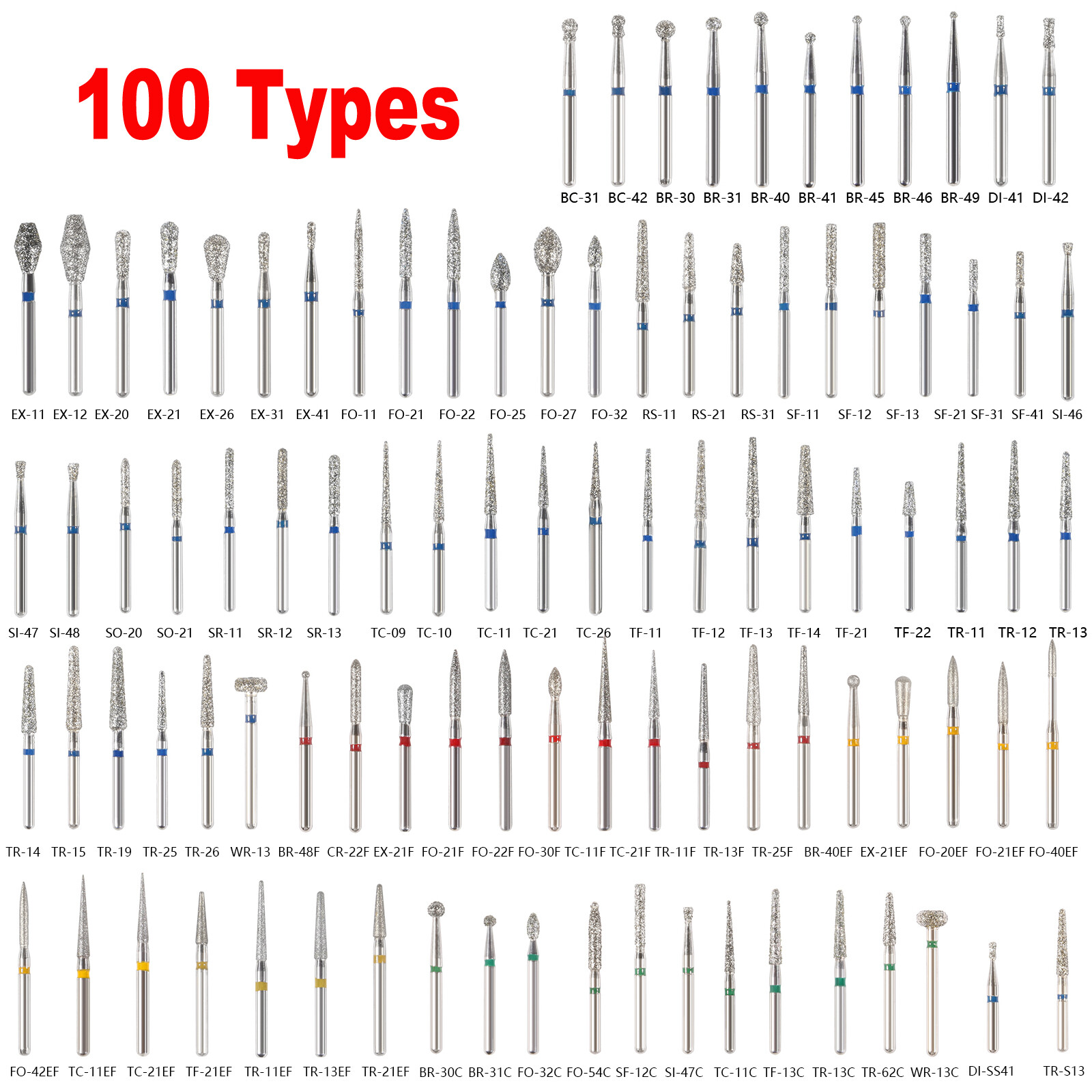 100 Types SANDENT Dental FG Diamond Burs For High Speed Handpiece Friction Grip