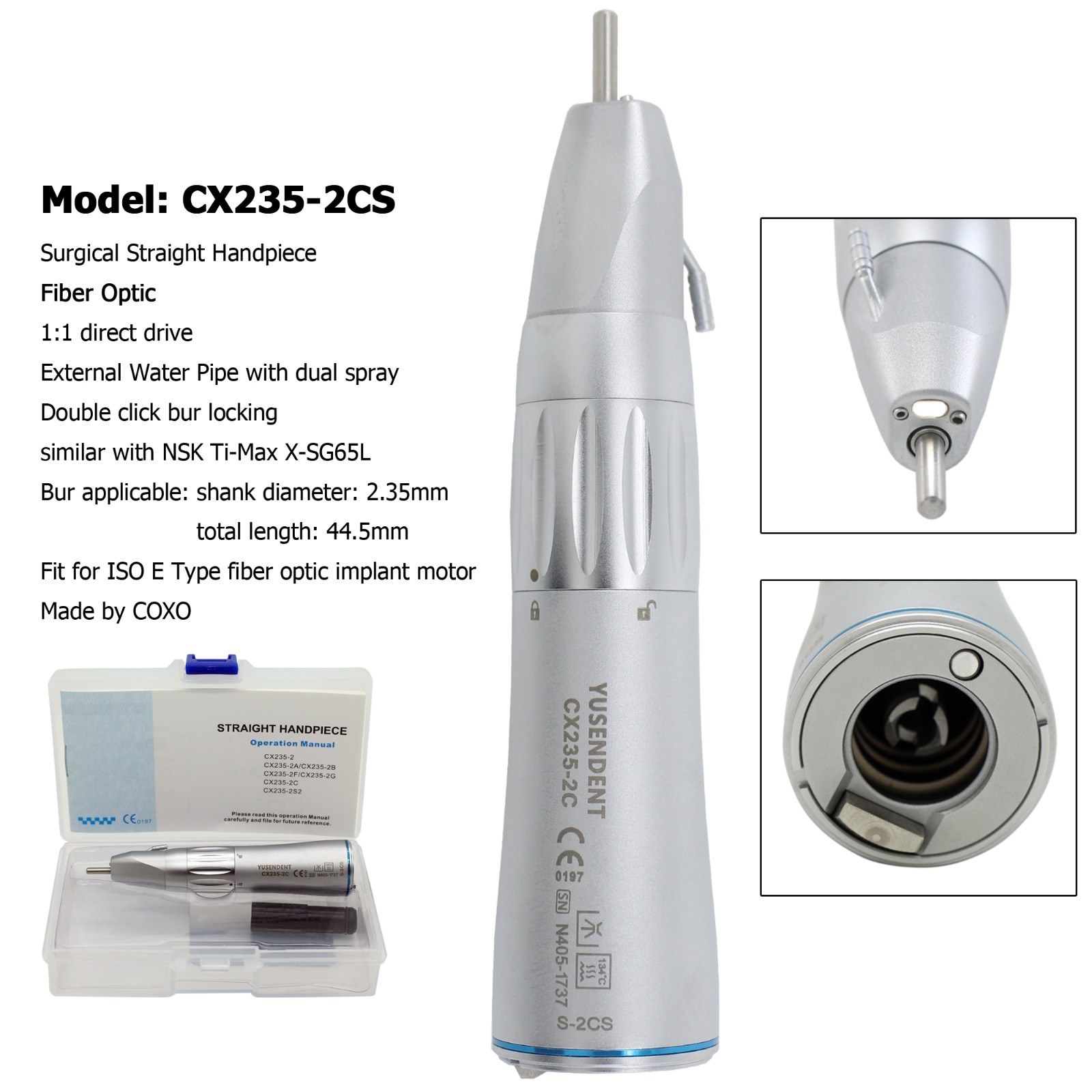 COXO Dental Surgical Straight Handpiece 20 Degree 1:1 Fiber Optic External Water
