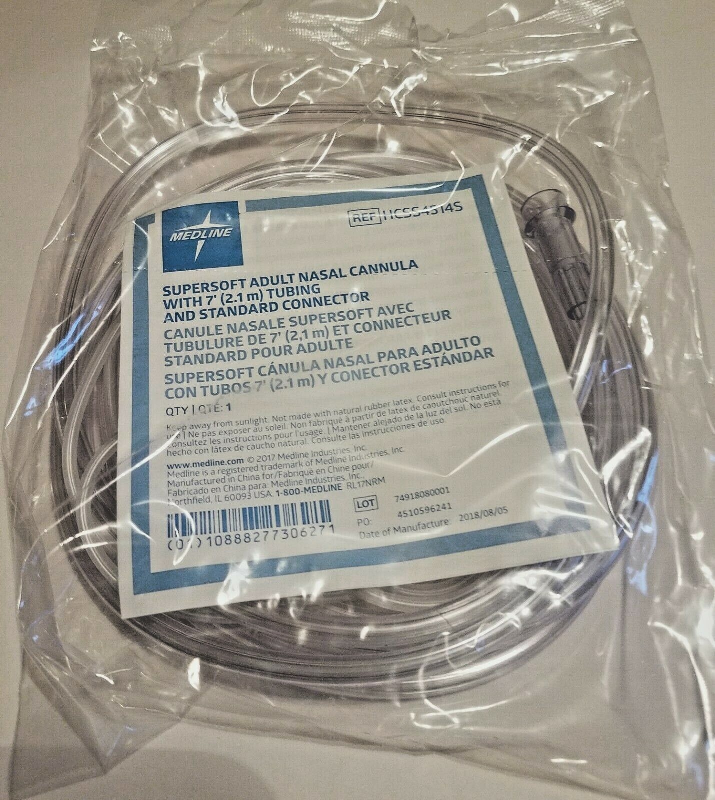 5 Medline HCSS4514 Supersoft Cannulas with Standard Connector, 7′ Oxygen Tubing
