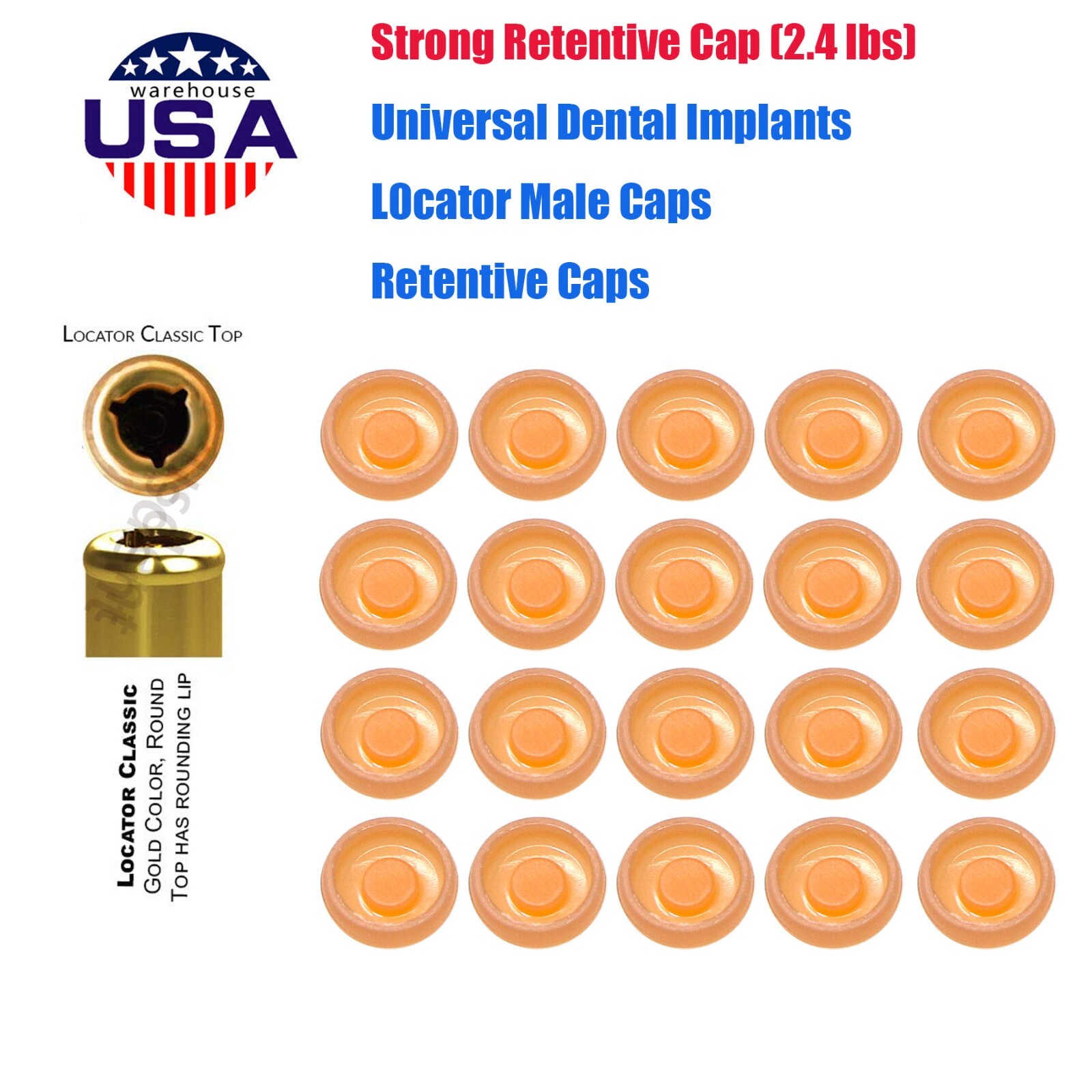 US Dental Universal Locator Male Caps 2.4lbs Overdenture Abutment 20pcs/Set