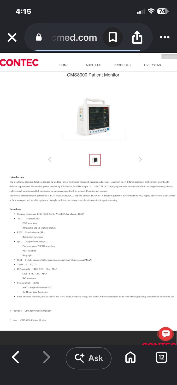 CONTEC CMS8000 Multiparameter Patient Vital Signs Monitor, 12.1” Color Display