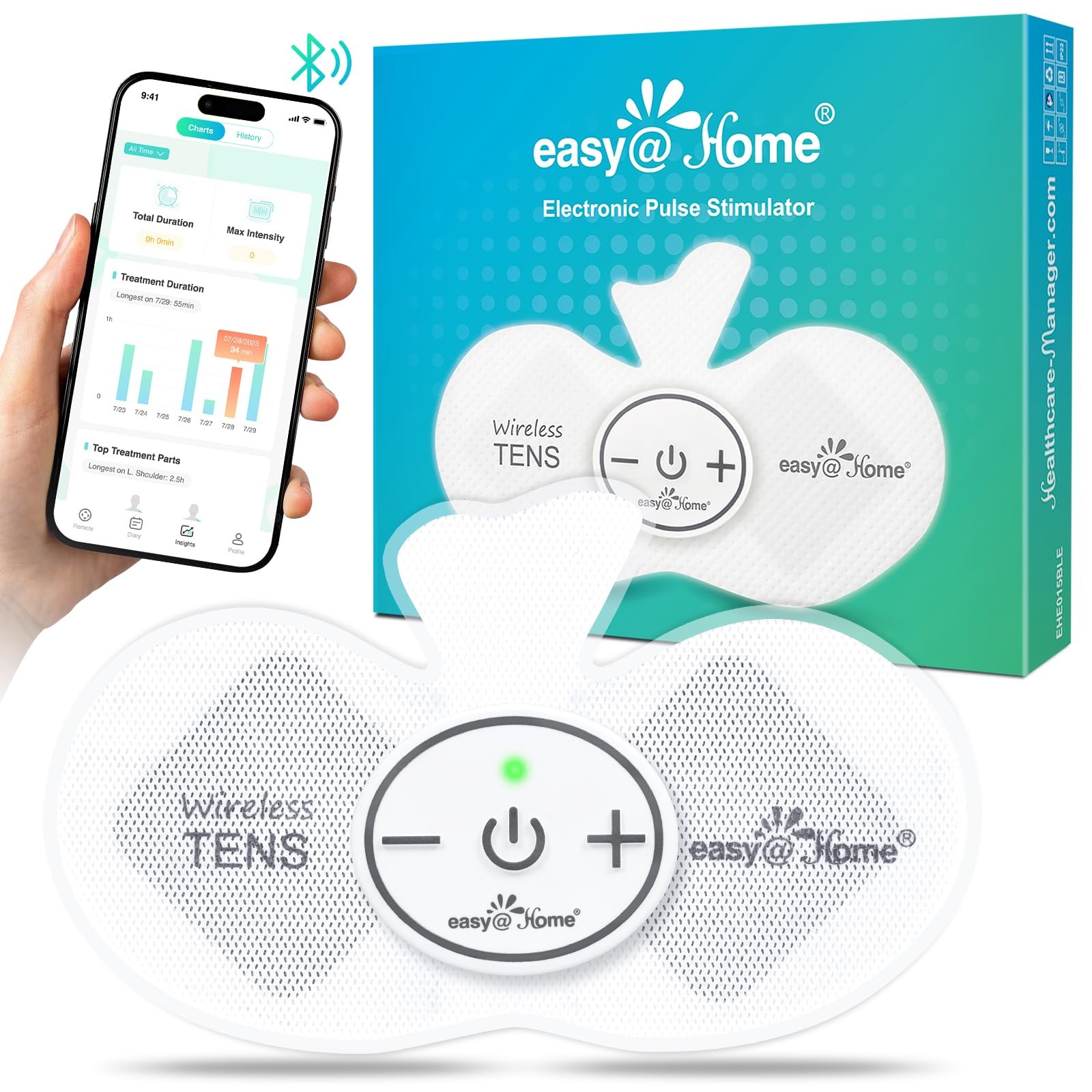 Easy@Home Wireless TENS Unit w/ App Remote for Back Pain Relief Muscle Stimulato