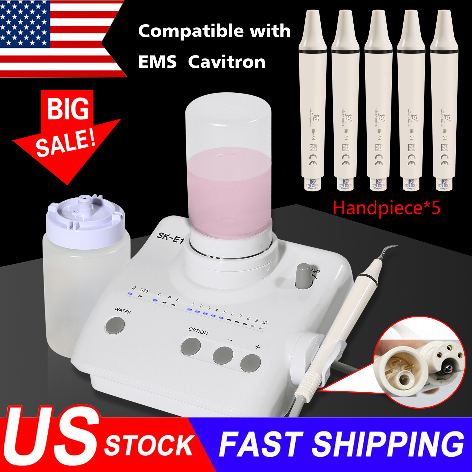 Dental Ultrasonic Piezo Scaler +2 Bottles fit EMS Cavitron /5*Handpiece CZ
