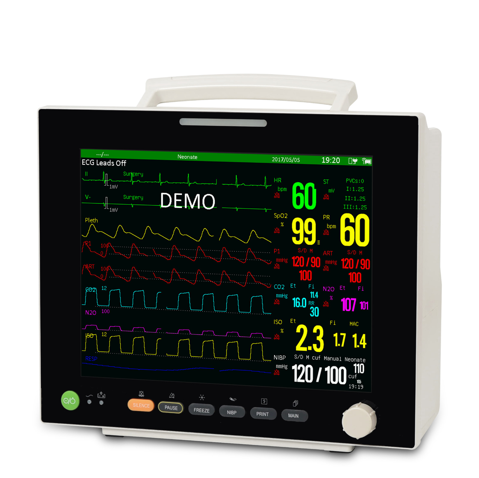 12.1″ TFT Patient Monitor ECG/NIBP/SPO2/RESP/TEMP trends/alarm with Printer