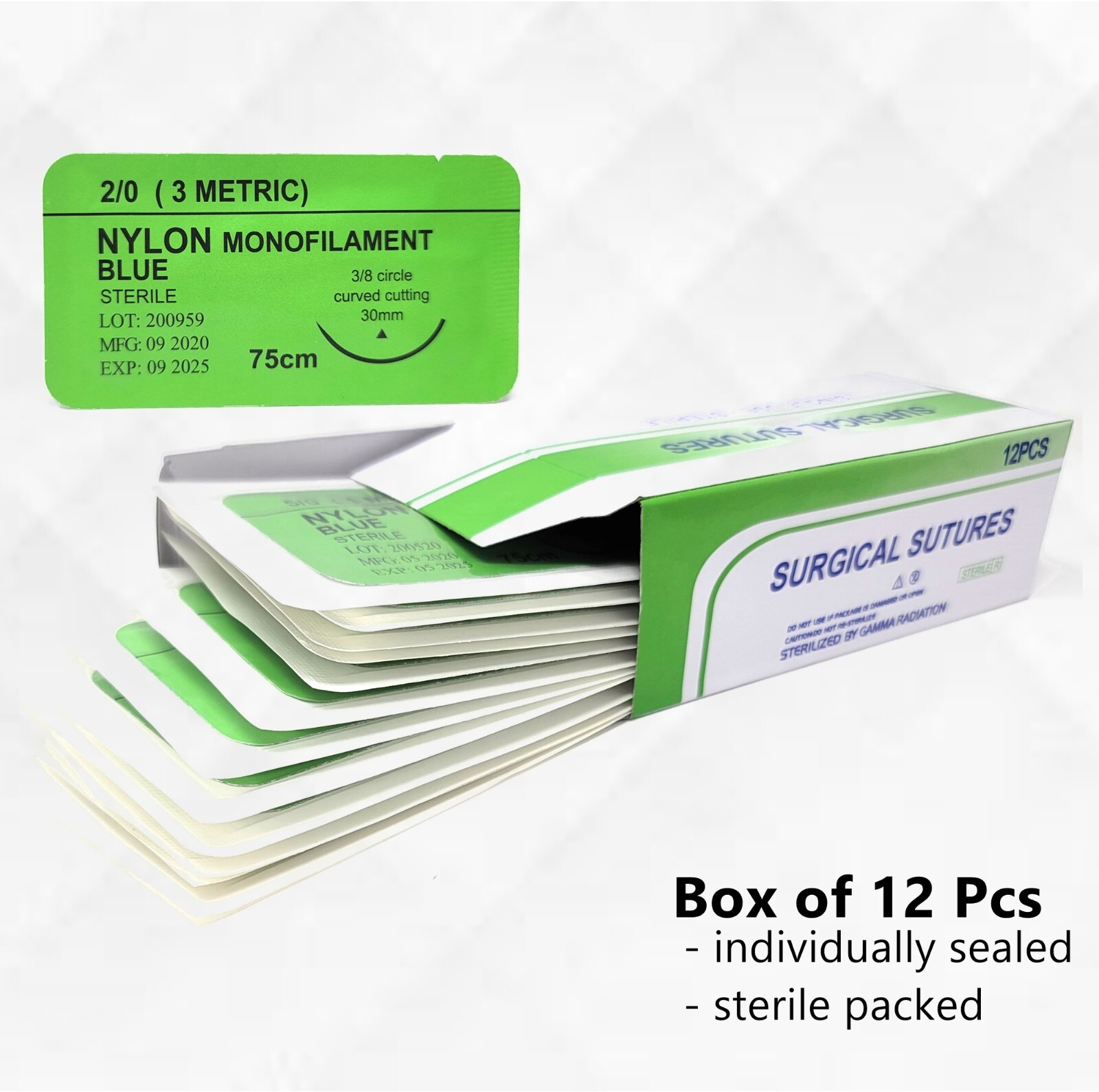 2/0 Monofilament Nylon Sterile Training Suture Thread With Needle Sewing Box12PK
