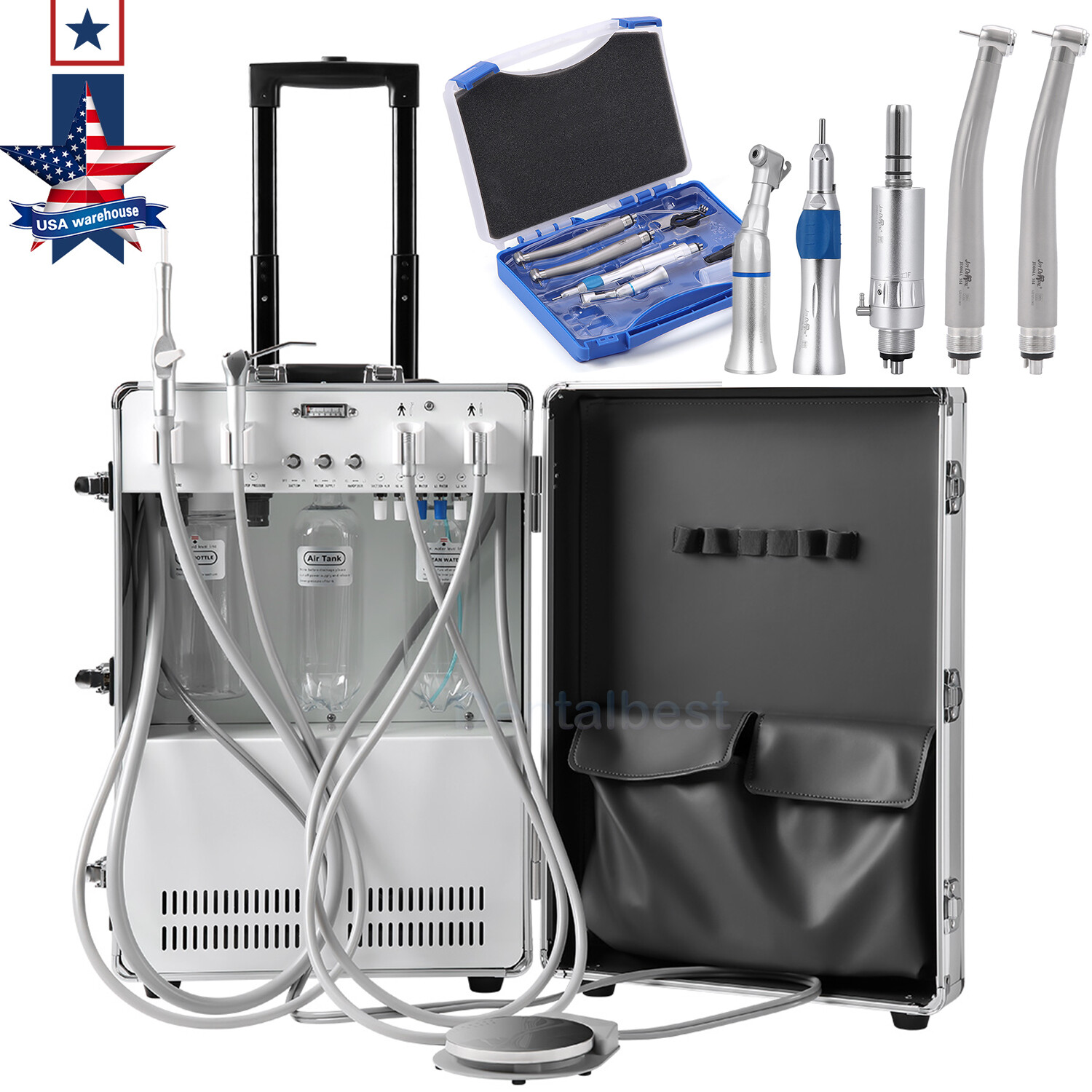 Portable Mobile Dental Delivery Unit System Air Compressor +Handpiece Kit 4Holes