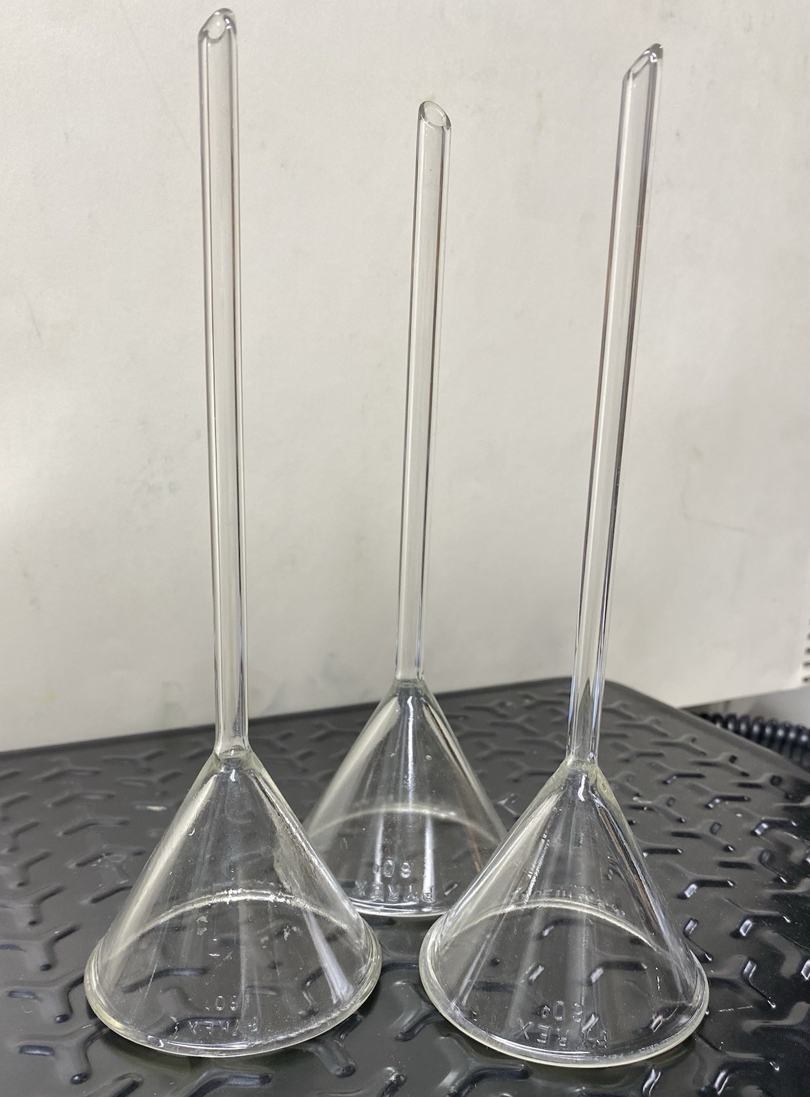 Lot of 3 Pyrex Glass 65mm 60° Angle Long Stem Filling Funnels w/ Beaded Rim