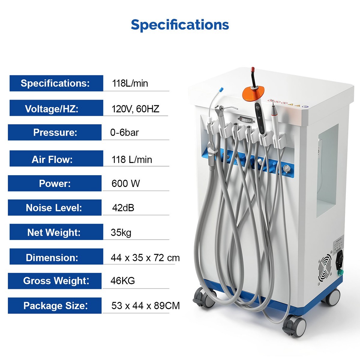 Portable Dental Unit Delivery Cart with Air Compressor/Dental Suction System