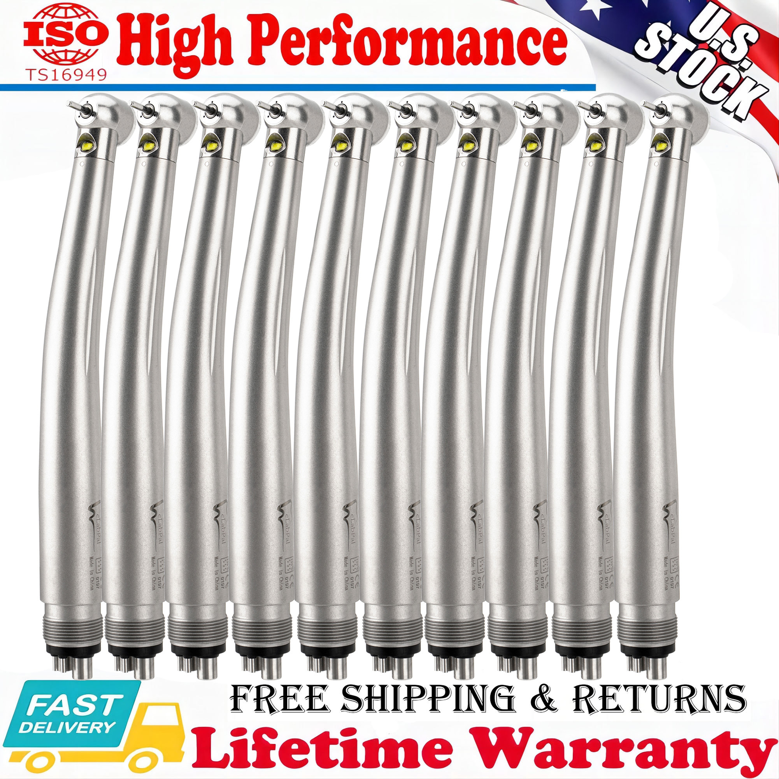 eLabPal 10Pcs Dental LED E-generator High Speed Handpiece Push Button 4H Turbine