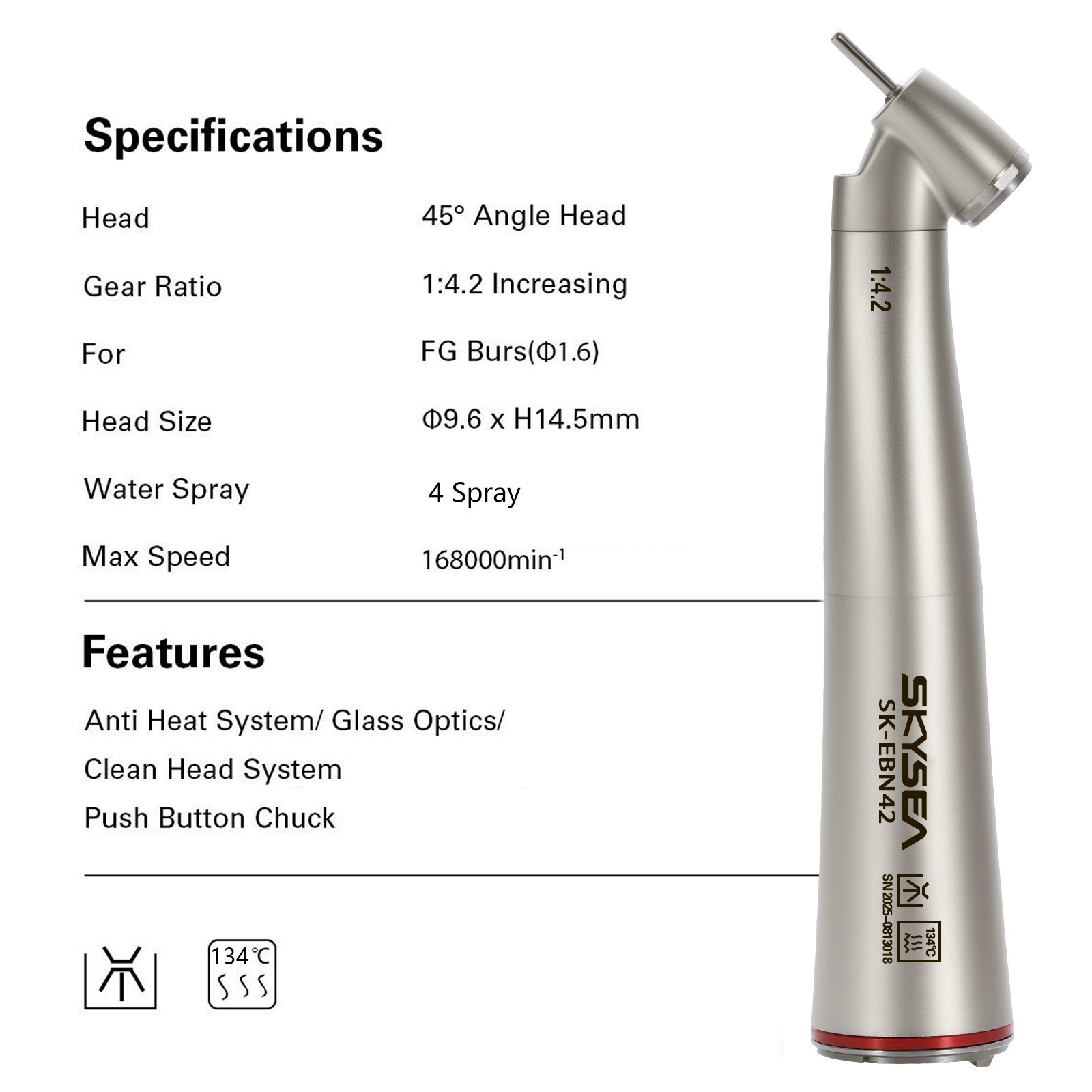 Dental 1:4.2 45 Degree LED Contra Angle Handpiece Quattro Spray Inner Cooling