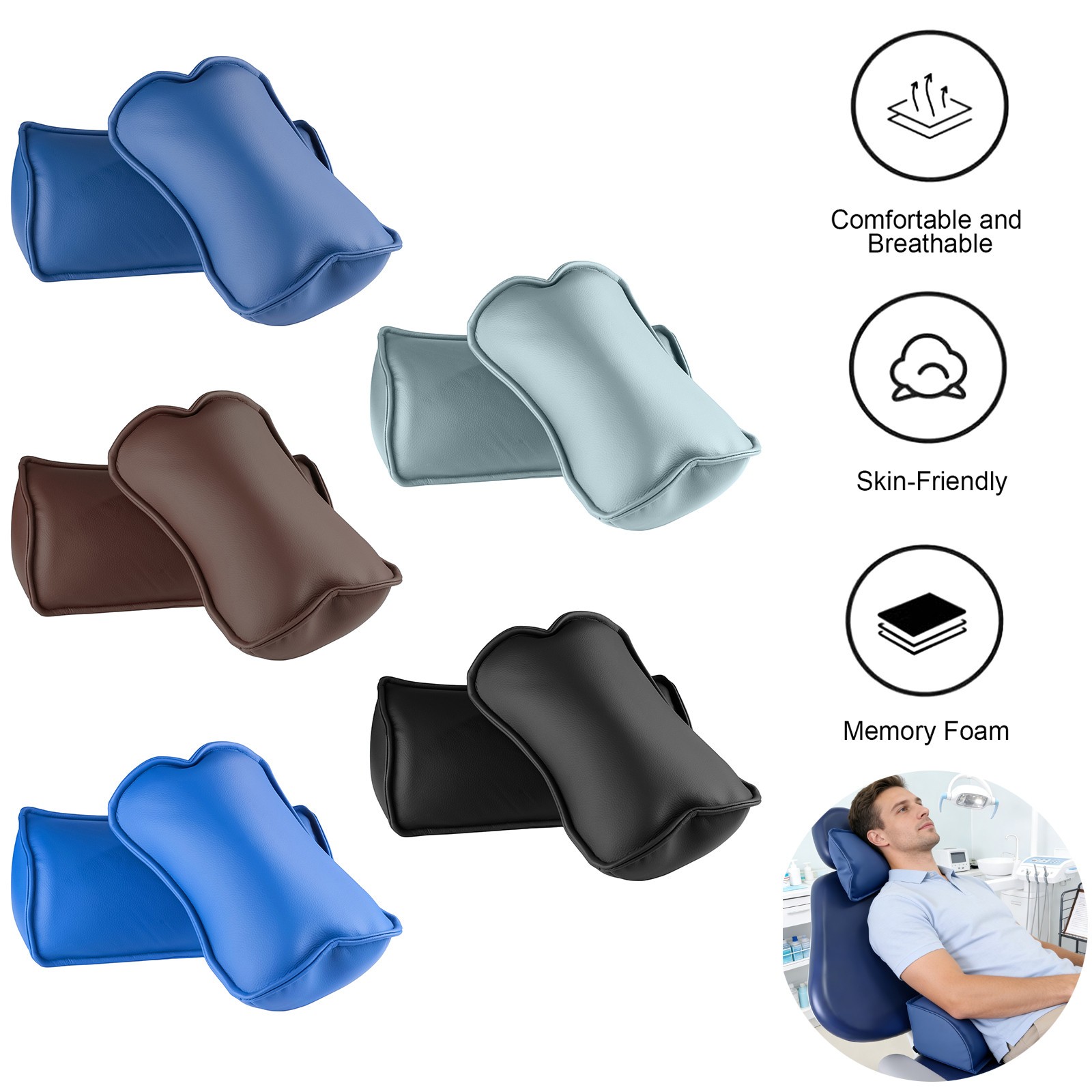 Dental Chair Neck Pillow Lumbar Cushion Memory Foam Microfiber Leather Dark Blue