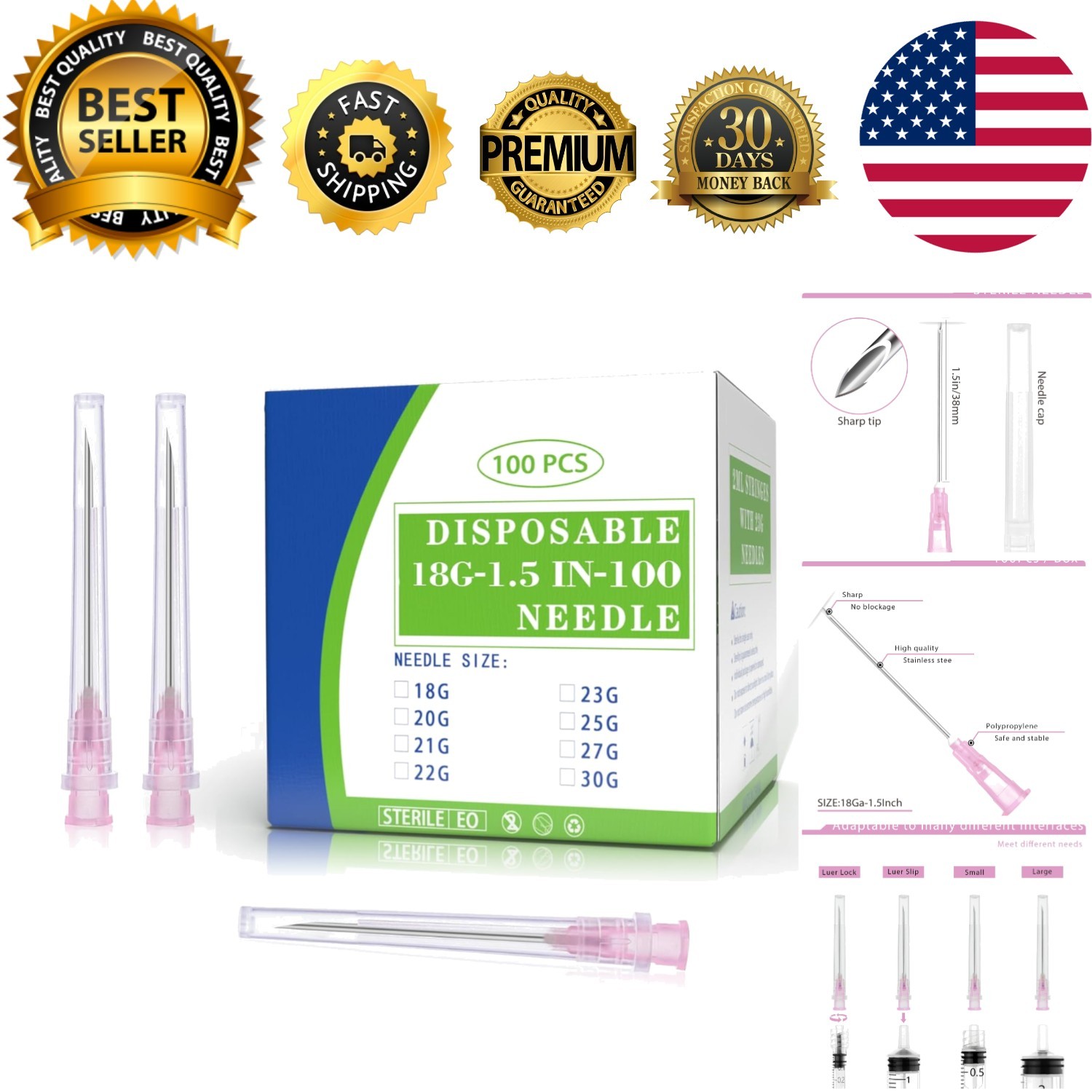 Durable 100 Pack 18 Ga 1.5 Inch Needles with Caps – Ideal for Lab & Craft