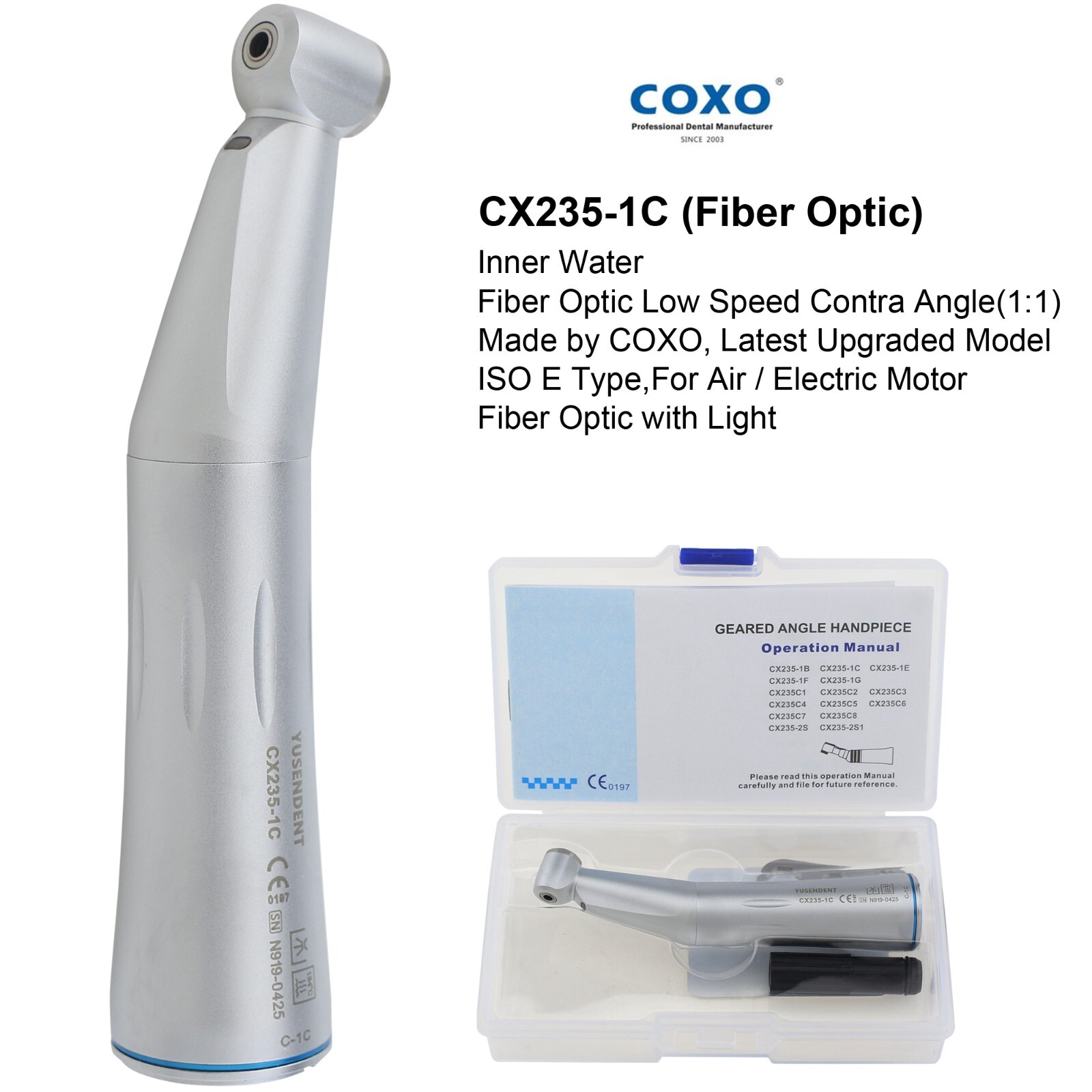 COXO Dental Fiber Optic LED Contra Angle Low Speed Handpiece 1:1 Inner Water NSK