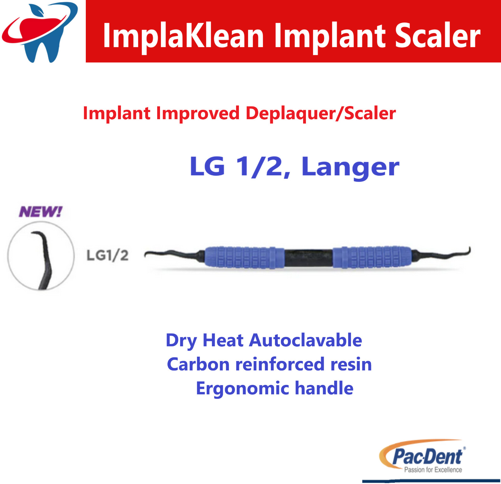 Dental LG 1/2 Langer ImplaKlean Universal Implant Scaler Curette, Dry Heat 500F
