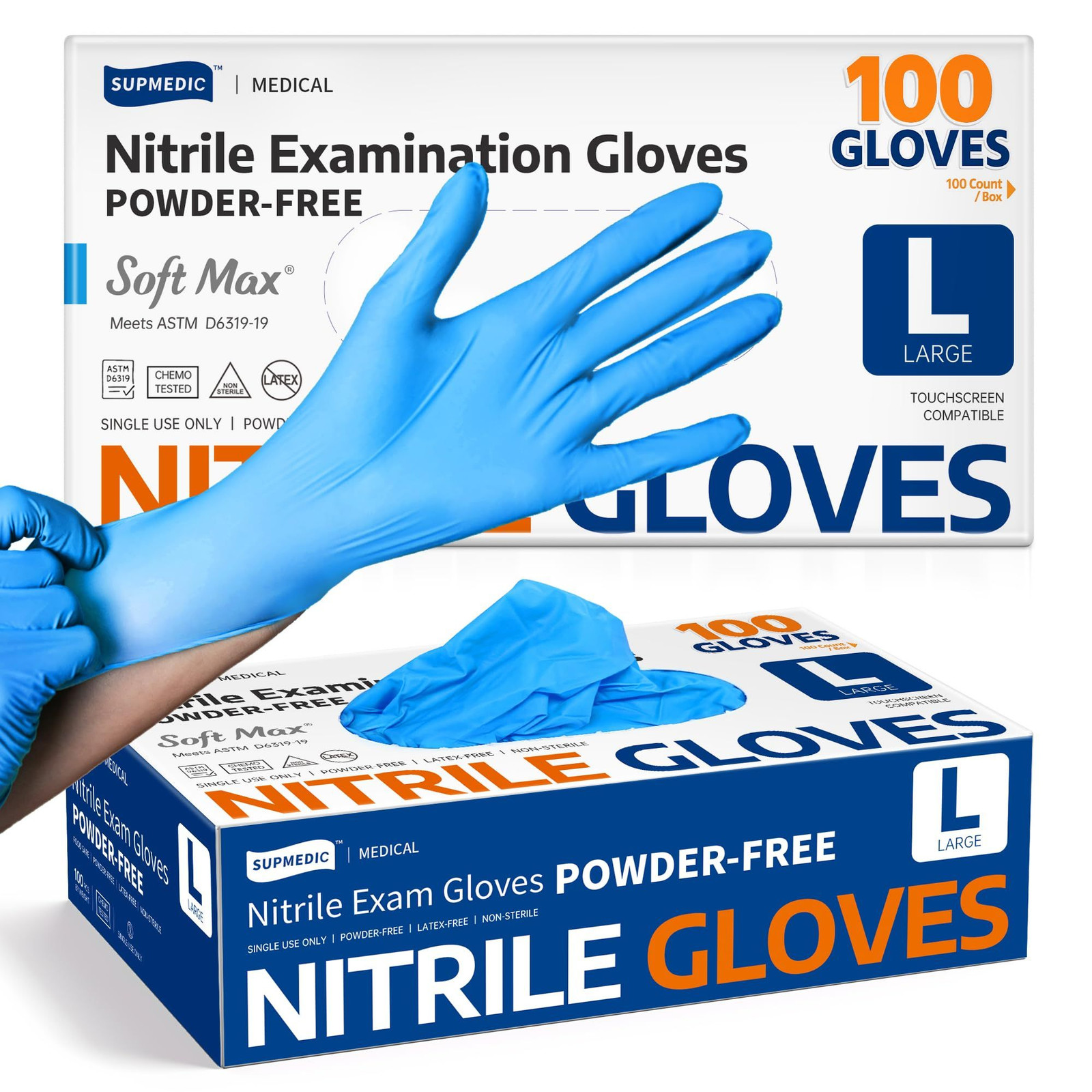 Supmedic Medical Nitrile Exam Gloves, Latex-Free, Large, Blue (Large)
