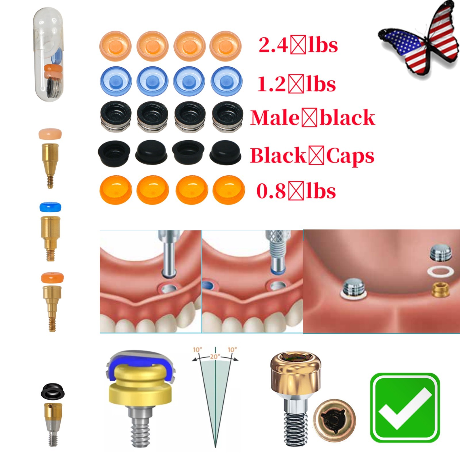 US Locator Overdenture Male Caps PEEK Retention Inserts Lab Housing 20pcs/set