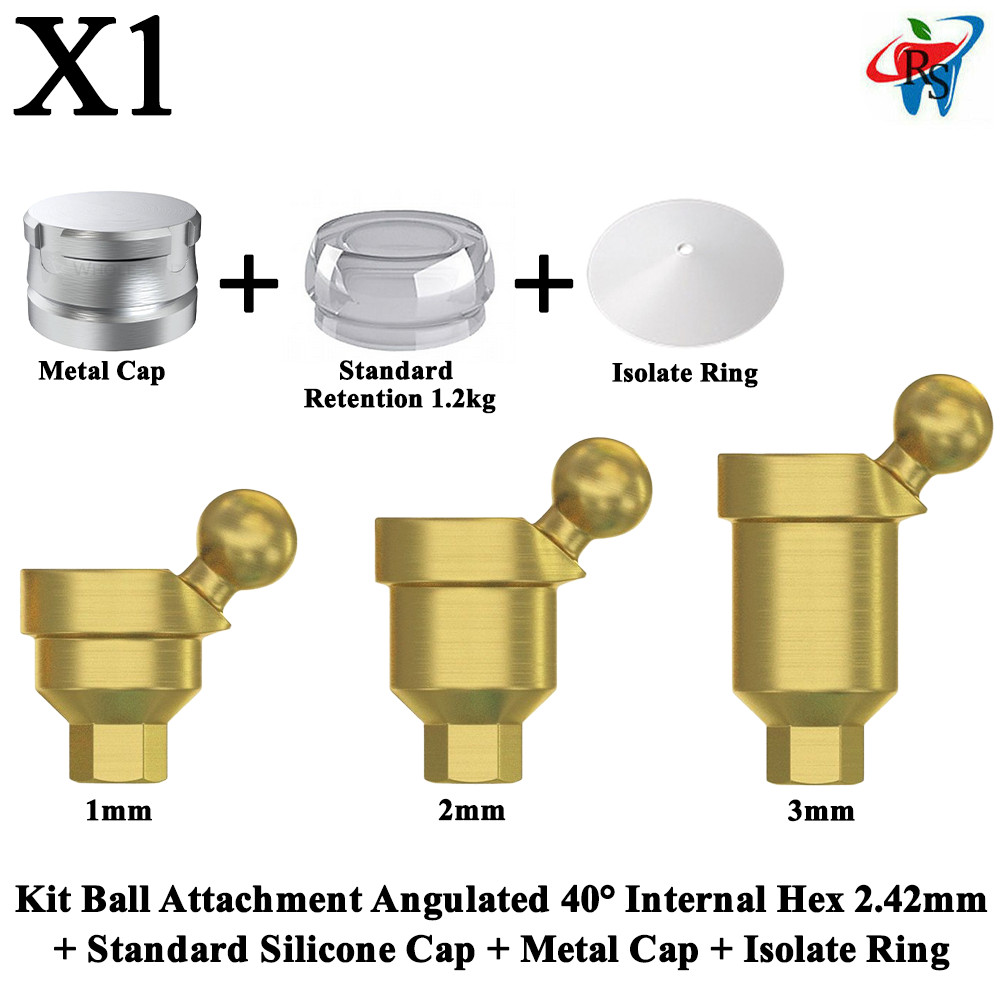 1x Kit Angulated 40° Ball Attachment Standard Silicone Metal Cap Isolate Ring