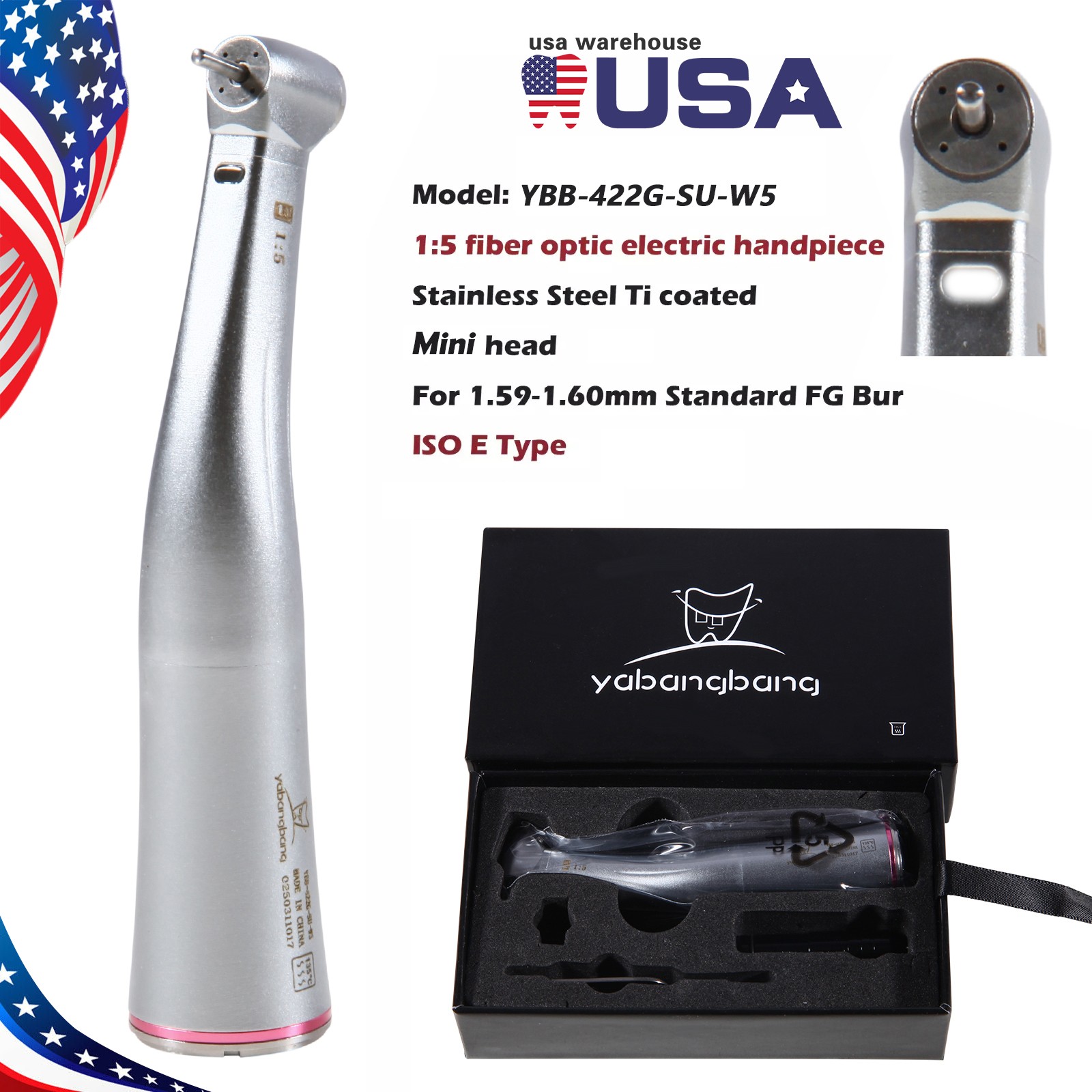NSK Ti-MAX X95L Style Dental 1:5 LED Fiber Optic Contra Angle Handpiece Red Ring