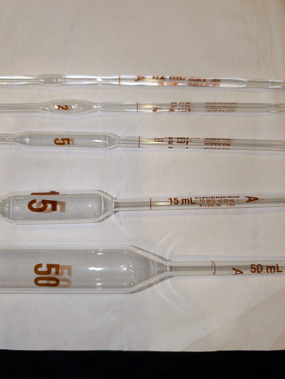 Lot of 11 Kimax Fisherbrand Volumetric Pipettes 0.5, 2, 5, 15, 50 ml