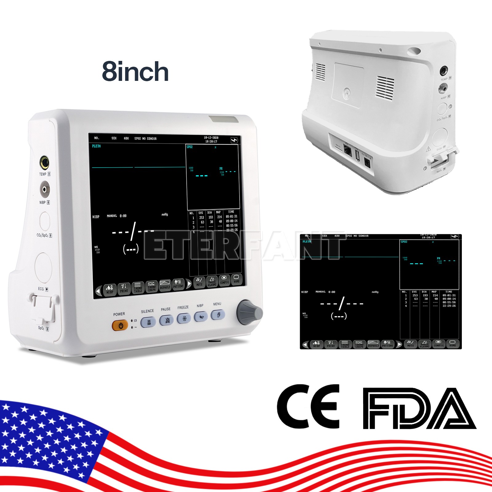 ETERFANT 8″ Patient Monitor ICU CCU Vital Sign For Hospital NIBP, SPO2, PR,TEMP