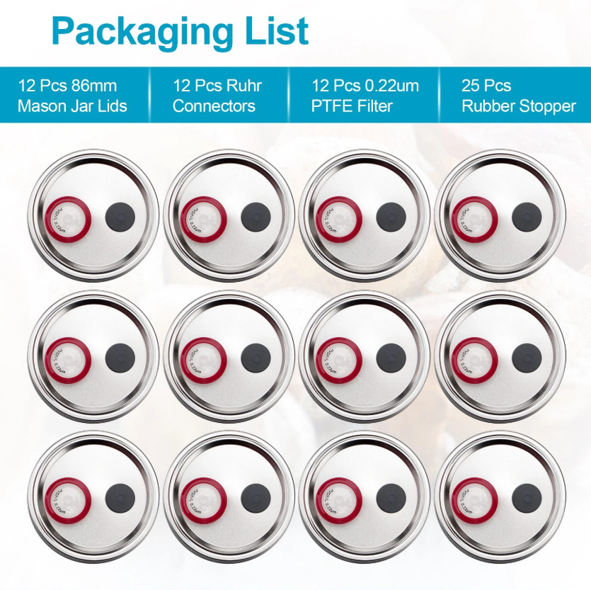 12x Wide Mouth Mushroom Liquid Culture Lid,Split-Type Mason Jar Lid with 0.22Um