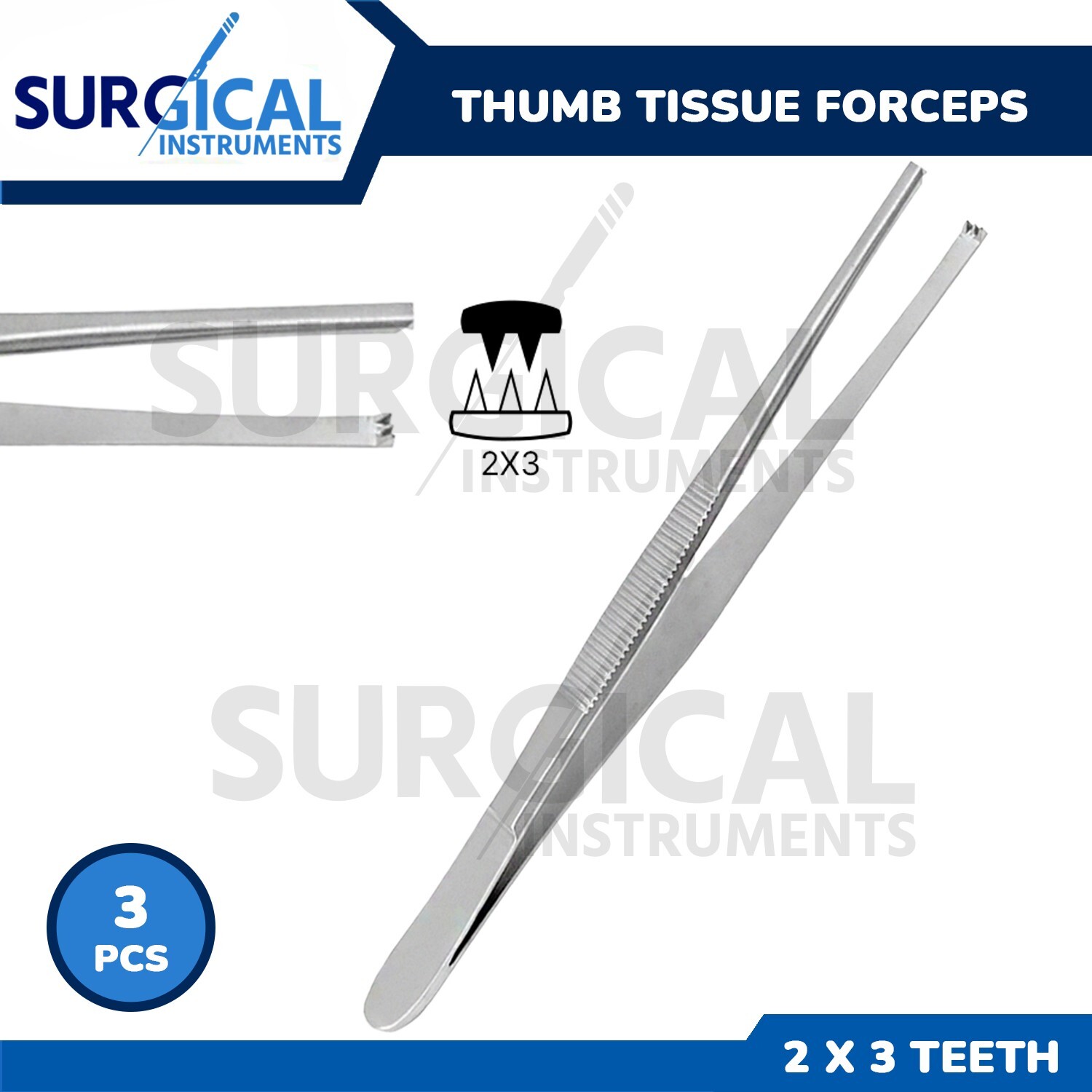 3 Pcs Thumb Tissue Forceps 5.5″ 2×3 Teeth Stainless Steel German Grade
