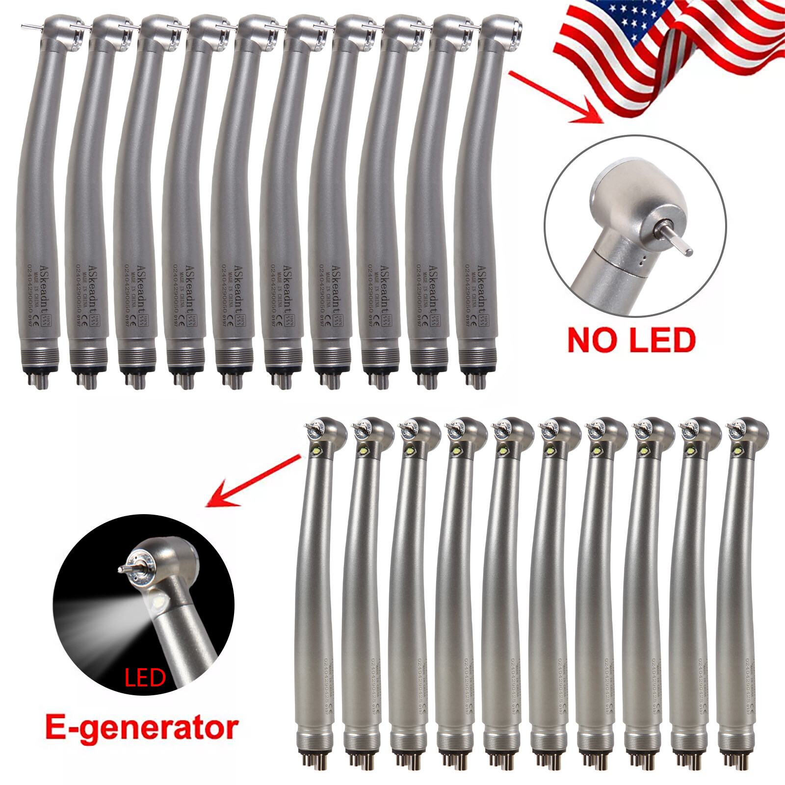 1-10 USA Dental Fiber Optic High Speed Handpiece 2/4H LED E-generator