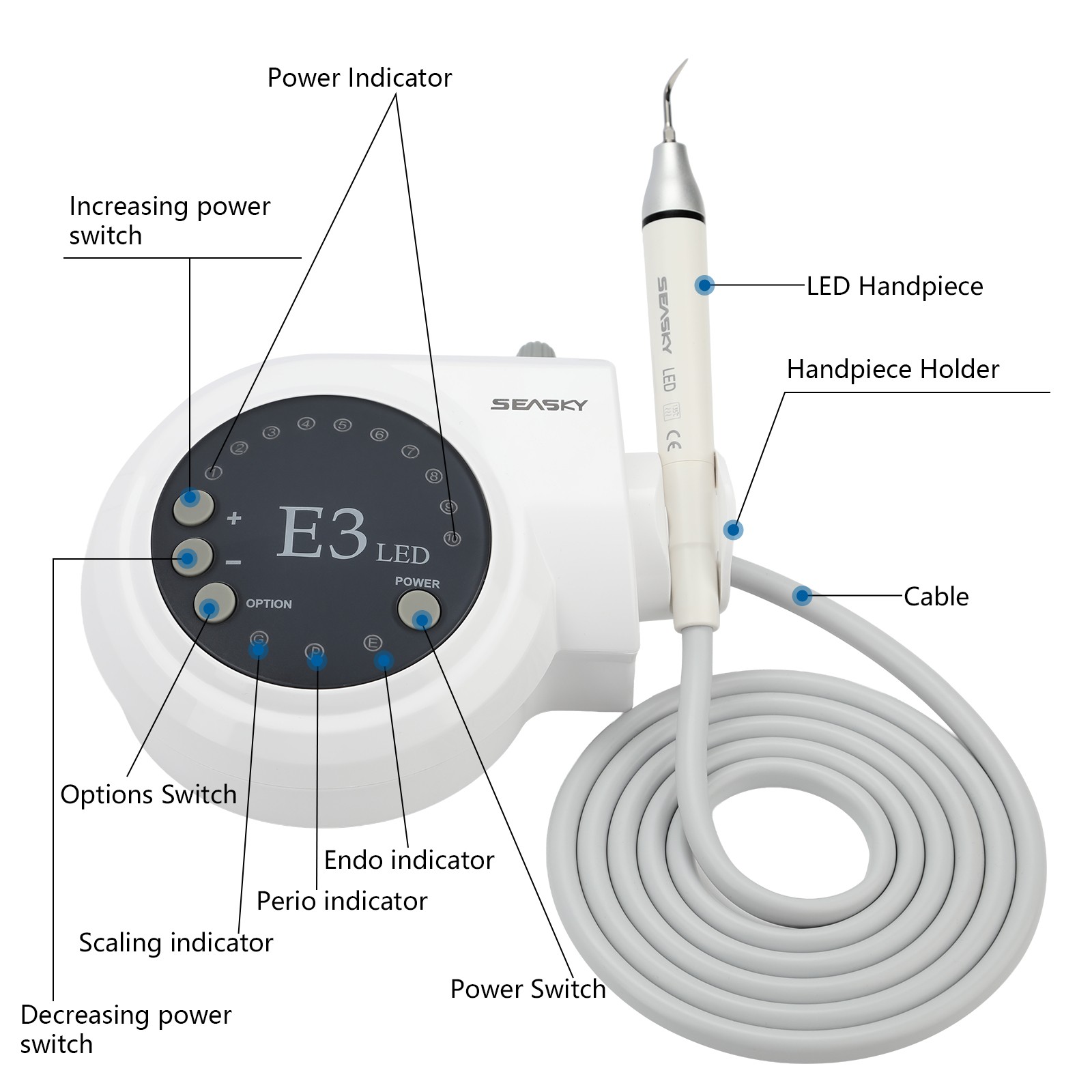 SEASKY Dental Ultrasonic Scaler E3 With LED light Detachable Handpiece & 5 Tips