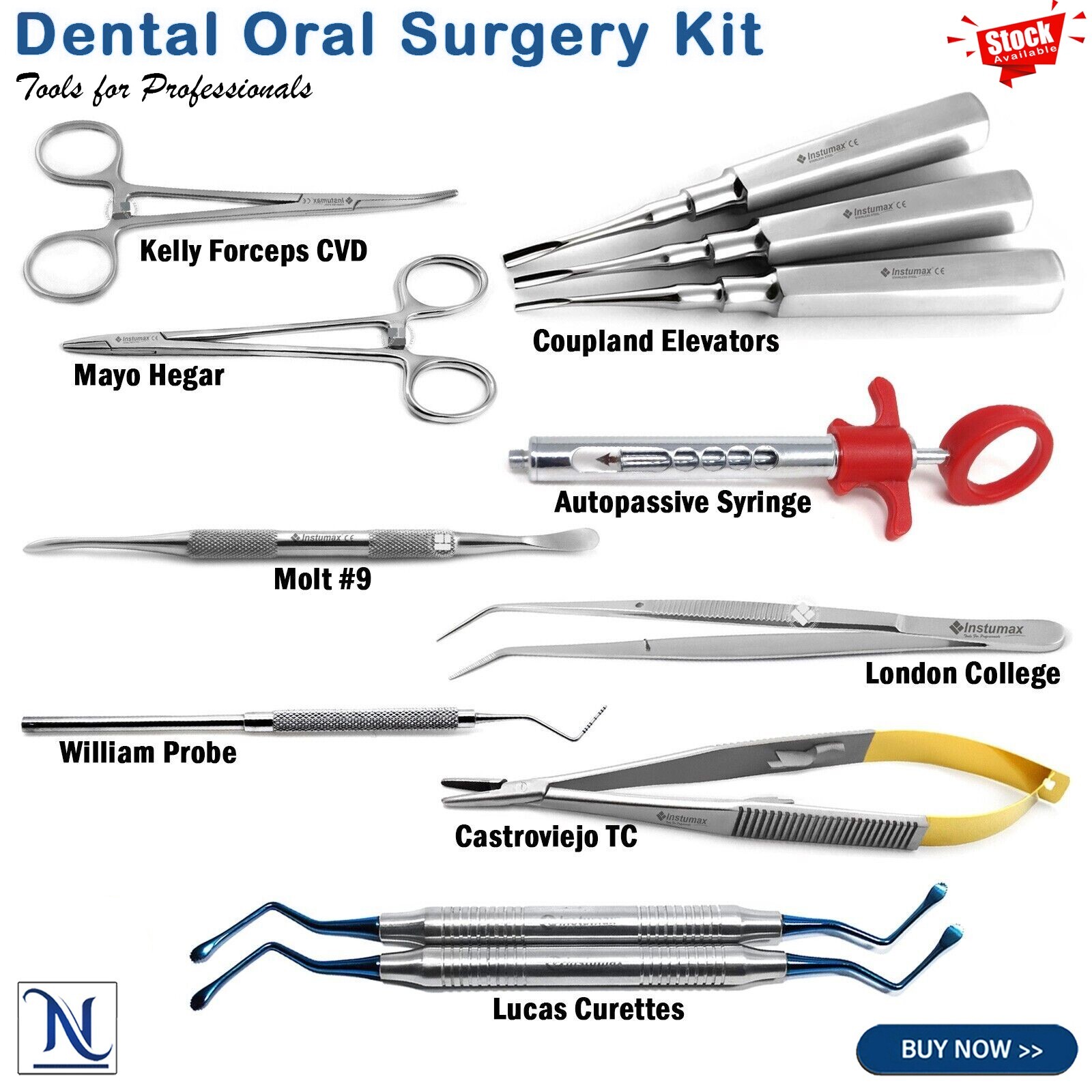 12Pcs Dental Elevators Oral Surgery Instruments Forceps Lucas Curettes Syringe