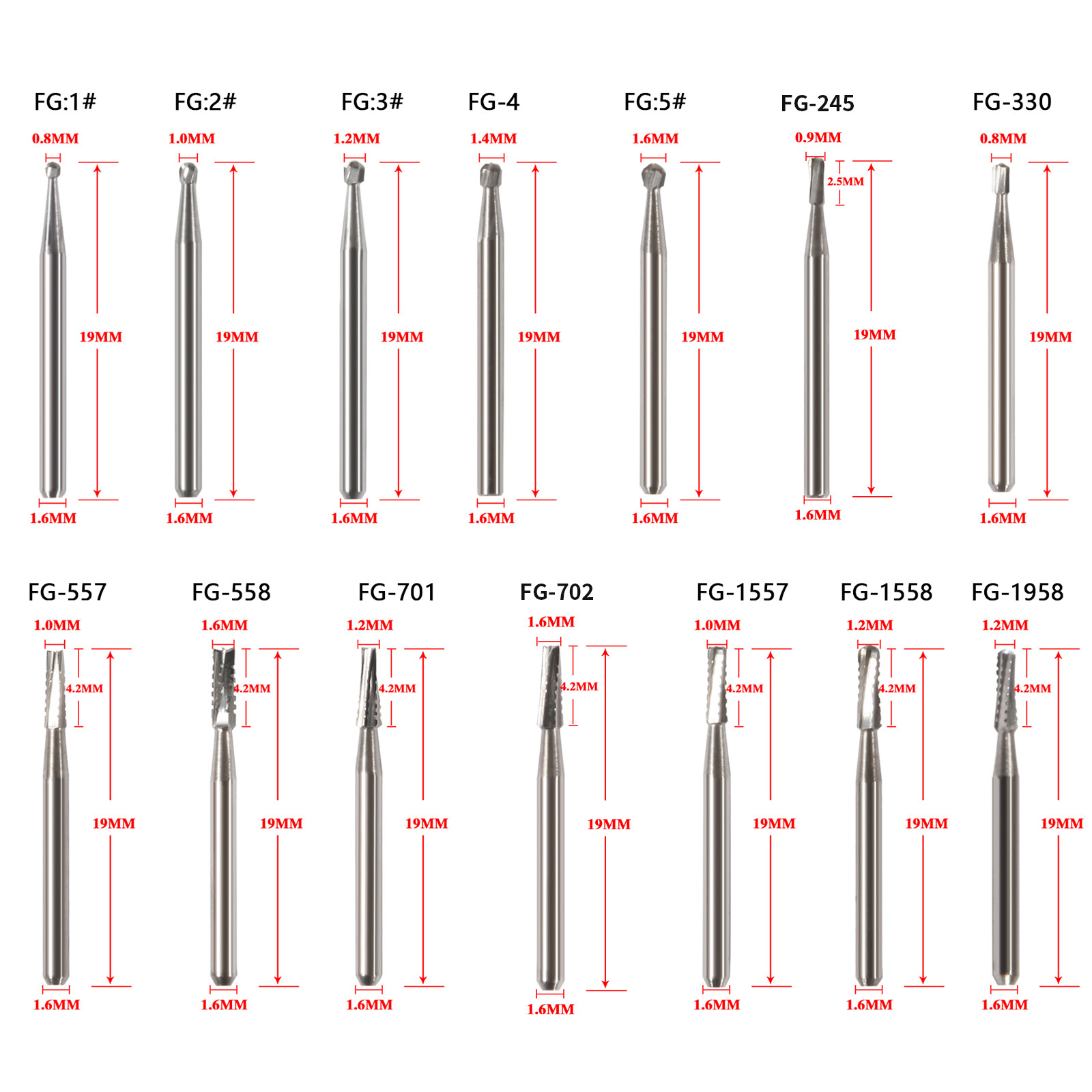 Dental Carbide Burs FG1/2/3/4/5/6/7/8 Round for High Speed Handpiece 10 -100Pcs