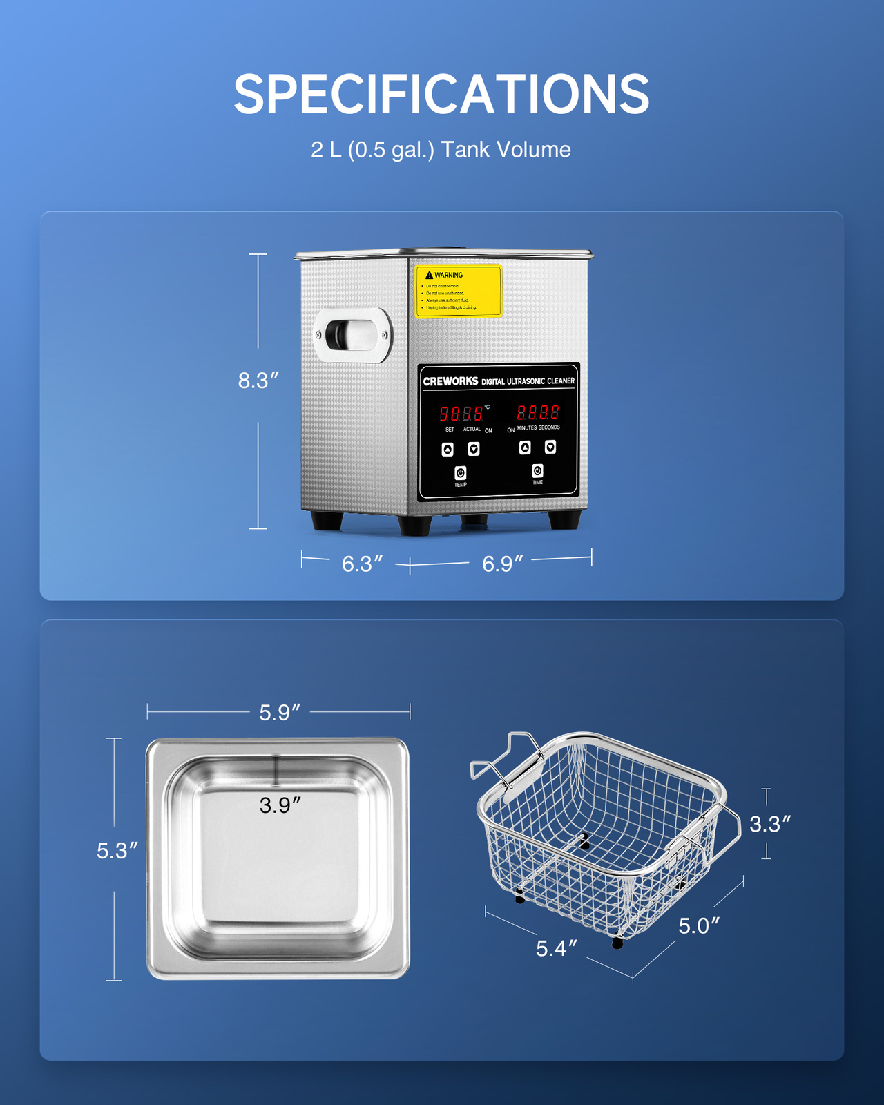 CREWORKS Ultrasonic Cleaner Stainless Steel 2L Industry Heated Heater W/ Timer