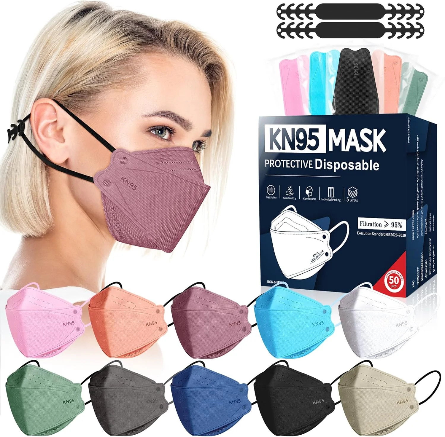 FENFEN KN95 Face Masks Disposable Adults – 50 Pack 5 Layer Protection Dust Breat
