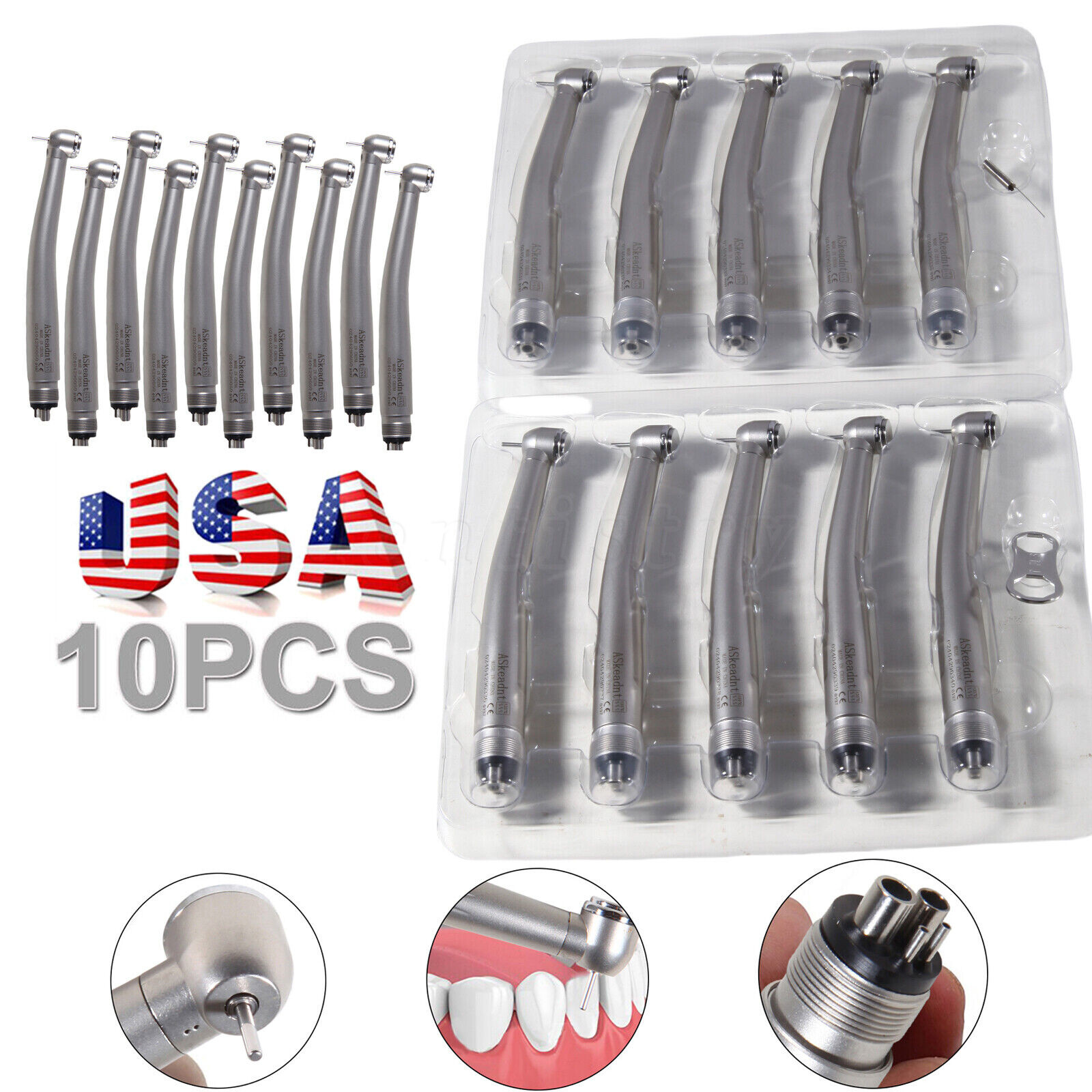 10 Askeadent Dental High Speed Handpiece Push Button Turbine Single Spray