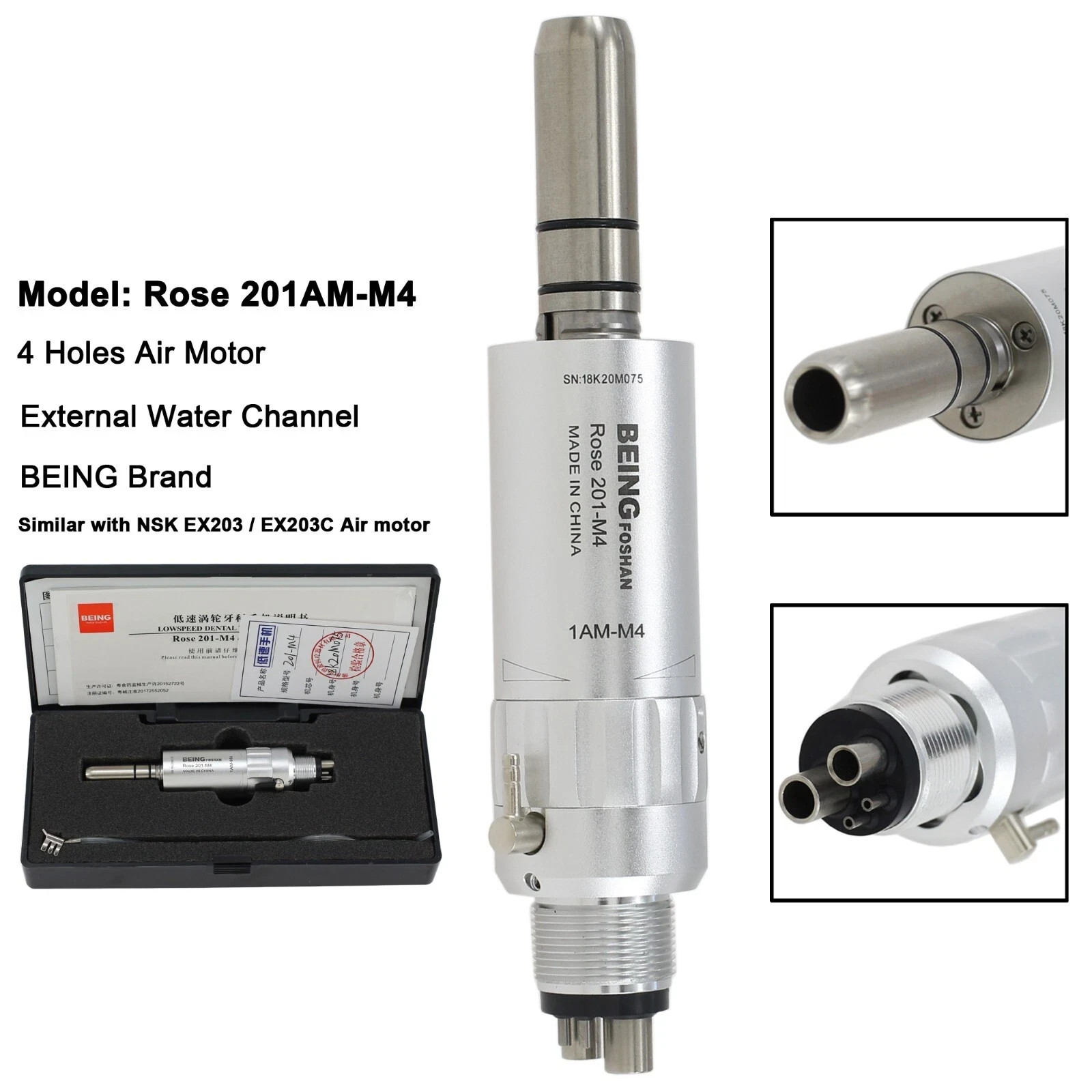 BEING Dental 4:1 Straight Handpiece Nose Cone Low Speed NSK EX-5B Air Motor M4